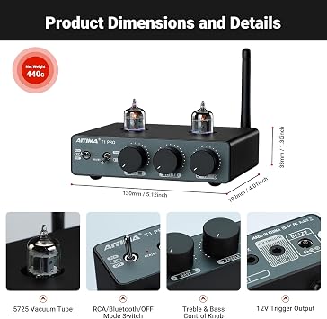 AIYIMA T1PRO Tube Preamp Amplifier Home Audio Preamplifier Mini Vacuum Pre Amp Receiver Bluetooth 5.1 QCC3040 APTX-HD With Bass Treble Tone Controls &12V Trigger Output