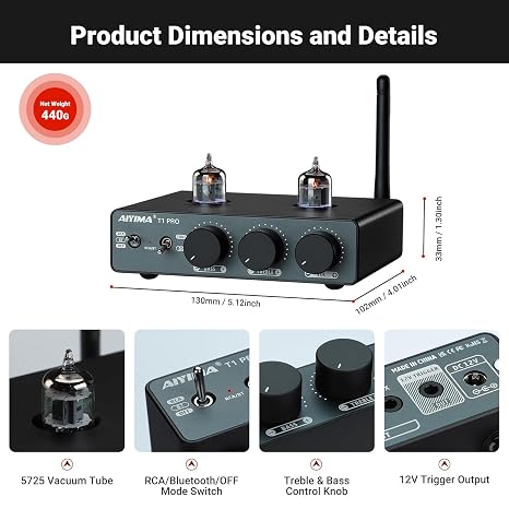 AIYIMA T1PRO Mini Tube Bluetooth Preamplifier with Treble/Bass Control