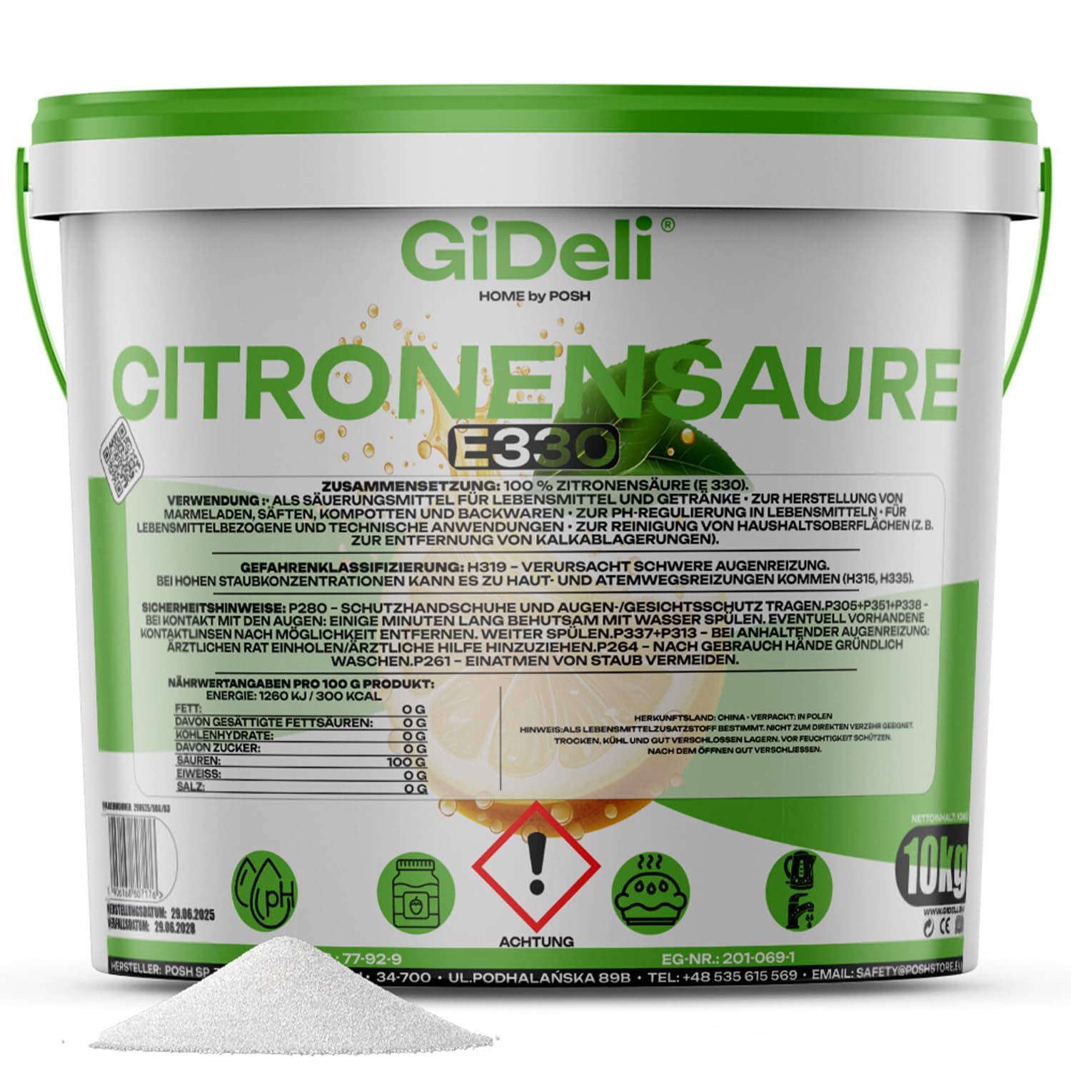 GiDeli Calidad alimentaria de ácido cítrico en polvo monohidrato 10.000 g de cristales E330 puros de calidad de limpieza descalcificador agente sin azúcar en cubo resellable 10 kg