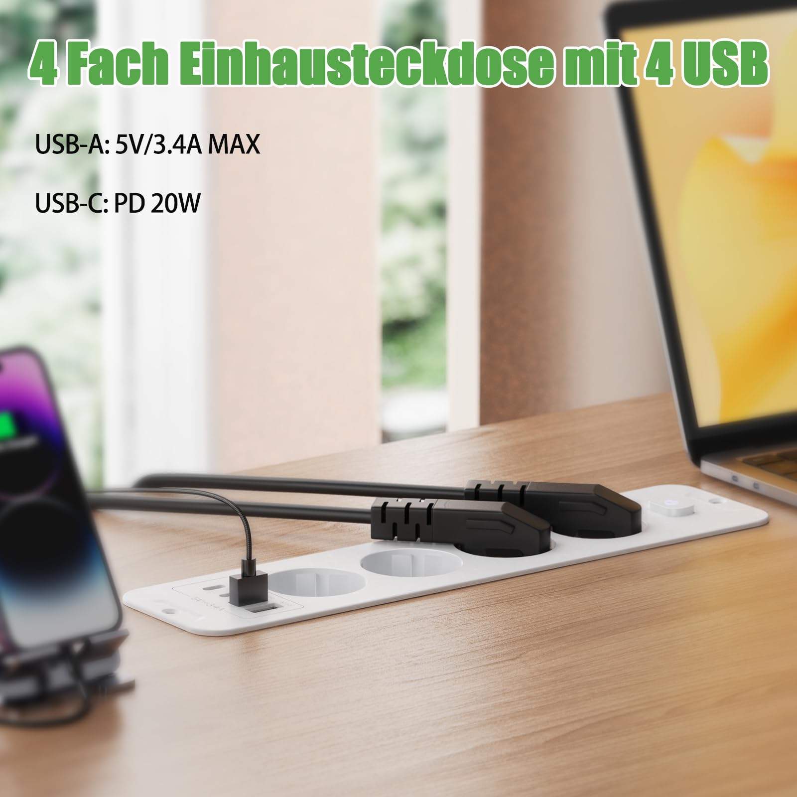 Toma de Empotrar Corriente con 2 USB y 2 Type-C, 4 Tomas Enchufes Multiple Empotrada de Sobremesa con Interruptor, Regleta de Enchufes Empotrada con Cable de 2M para Muebles de Encimera, Blanco — view 3