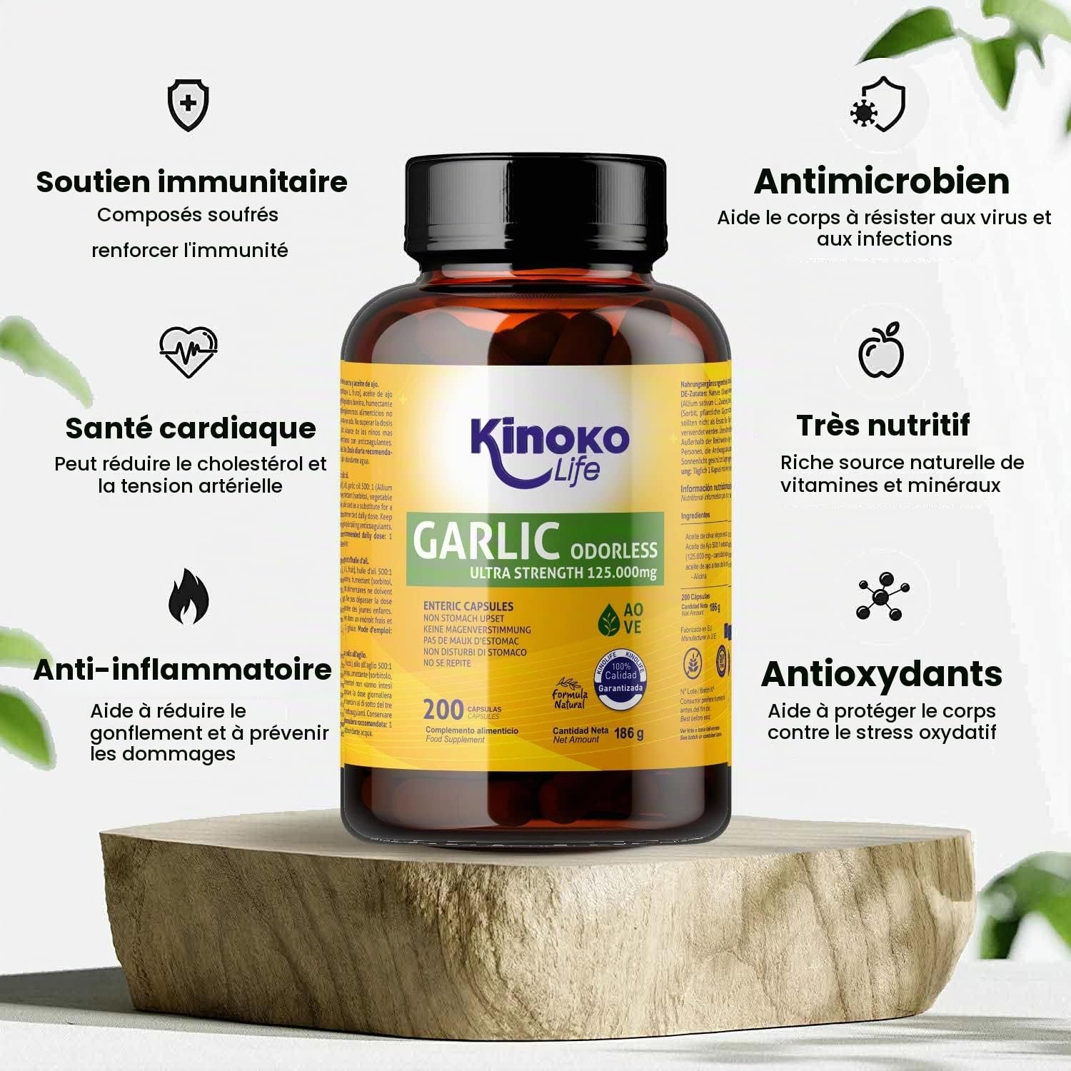 AIL 125,000 mg (extrait 500:1) | 200 gélules | Pas de Reflux | SANS ODEUR | à l'huile d'olive vierge | Haute concentration | avec 2500mcg d'allicine | Sans gluten | Sans GMO | Sans soja