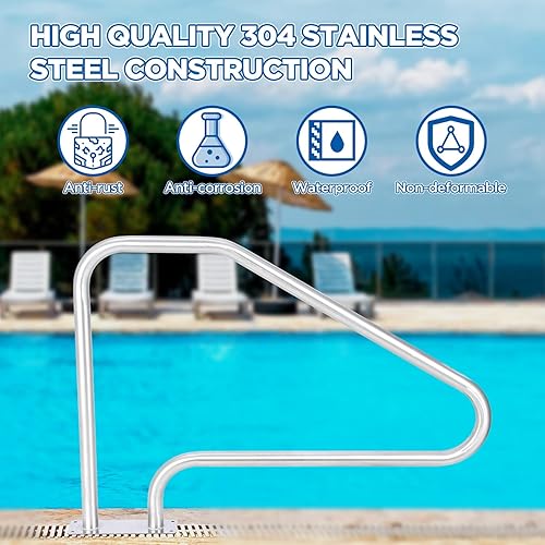 Miniatura 7 de Barandilla de piscina de 48 x 32 pulgadas, acero inoxidable 304 plateado, a prueba de óxido, con cubierta de agarre azul, barandilla humanizada para