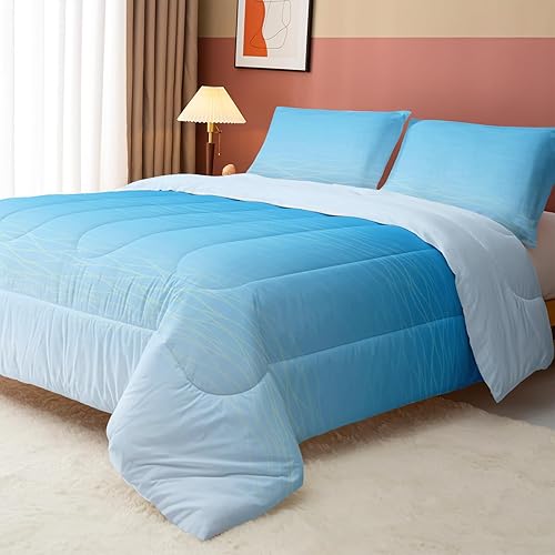 Miniatura 5 de Axolotl Juego de edredón de olas degradadas tamaño individual, juego de ropa de cama azul y blanco, juego de edredón azul degradado, juego de ropa