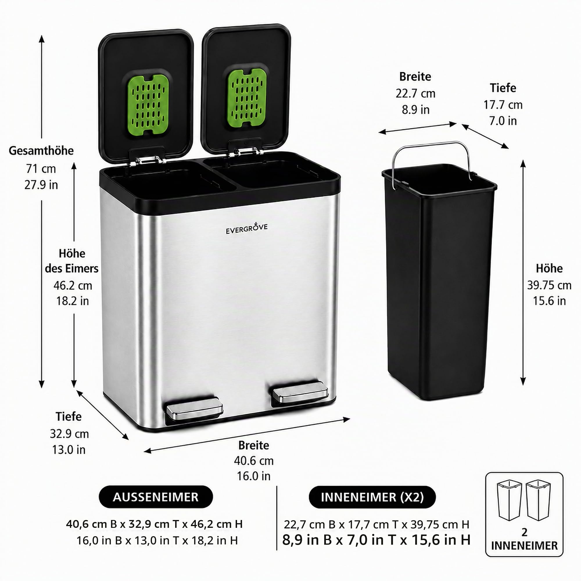 EverGrove 30-Liter-Mülltrennsystem, 2 x 15 L (Silber) | Gehäuse, Deckel und Pedale aus Edelstahl; zwei PP-Inneneimer, sanft schließende Deckel und ein eingesetzter Geruchsfilter.