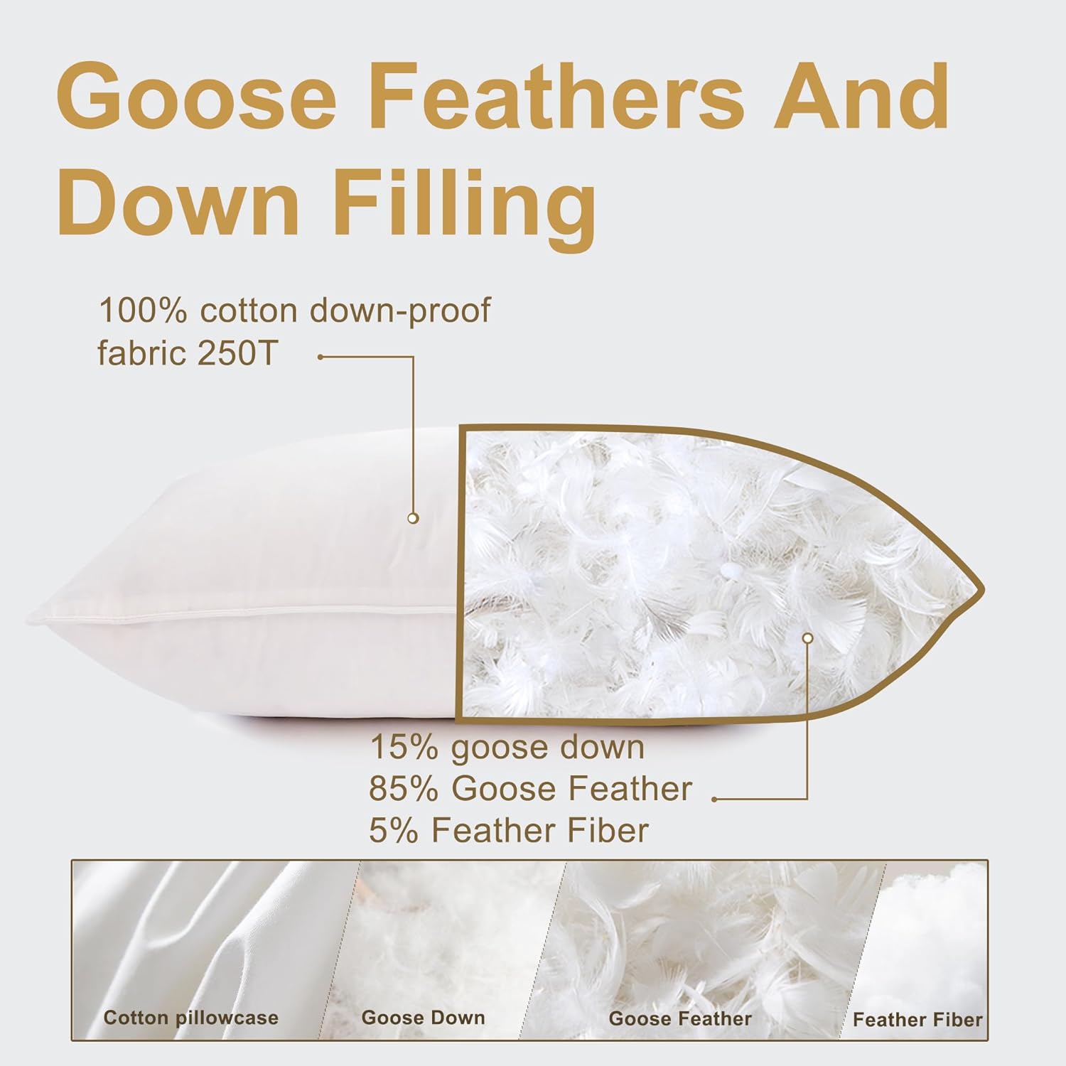 Goose Down Pillows Queen Size Set of 2 with 750 Fill Power, Hotel Quality Bed Pillows for Sleeping - Medium Firm Feather Pillows Ideal for Side, Back, Stomach Sleepers - Image 5