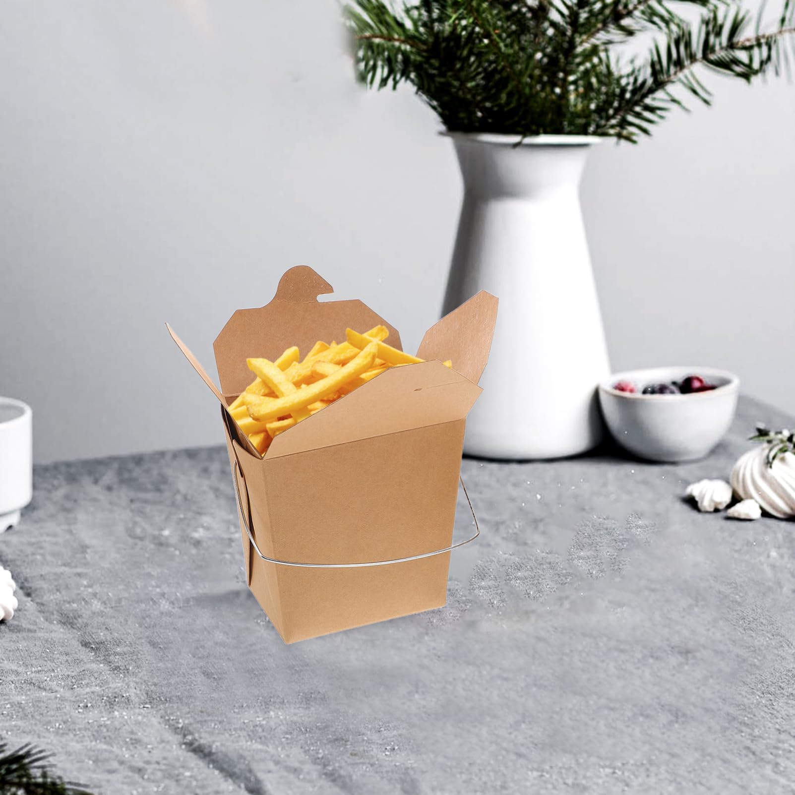 OUNONA 50 Pcs Récipients Alimentaires Chinois en Papier avec Poignée en Fil, Conteneurs Versatiles pour Repas à Emporter, Faciles à Transporter pour Étudiants et Professionnels en Voyage