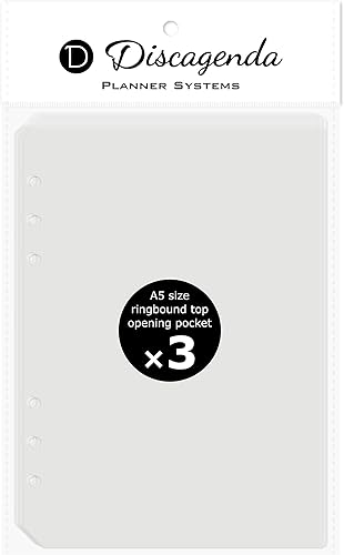 Discagenda Bolsa de bolsillo transparente con apertura superior A5 (5.8 x 8.3 pulgadas), paquete de 3 para planificador personal de 6 anillas