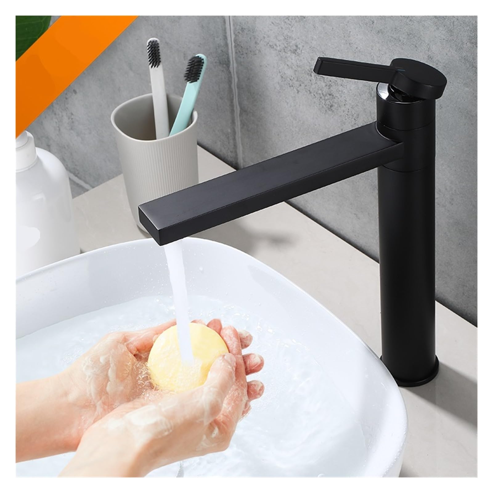 Baterie łazienkowe Bateria umywalkowa Wysoka bateria zlewozmywakowa Kran z ciepłą i zimną wodą 360° Mosiądz Czarny(Chrome Faucet)