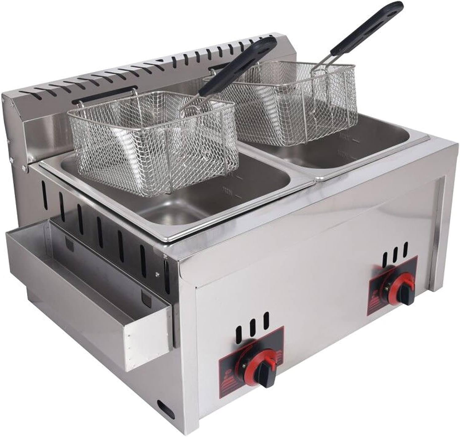 Freidora Comercial Freidora a Gas 10lx2 Cesta Doble Encimera De Tanque Doble Papas Fritas De Acero Inoxidable Resistente para Restaurante Familiar Papas Fritas Comerciales