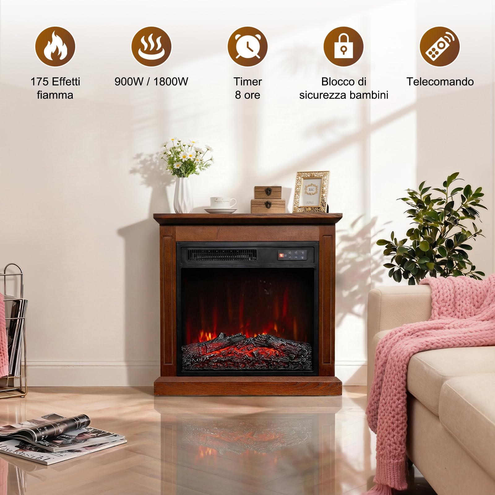 18" Caminetto Elettrico, 900W/1800W Camino Elettrico, 7 Colori di Fiamma 3D, Telecomando, Protezione Surriscaldamento, Timer, incluido Cornice