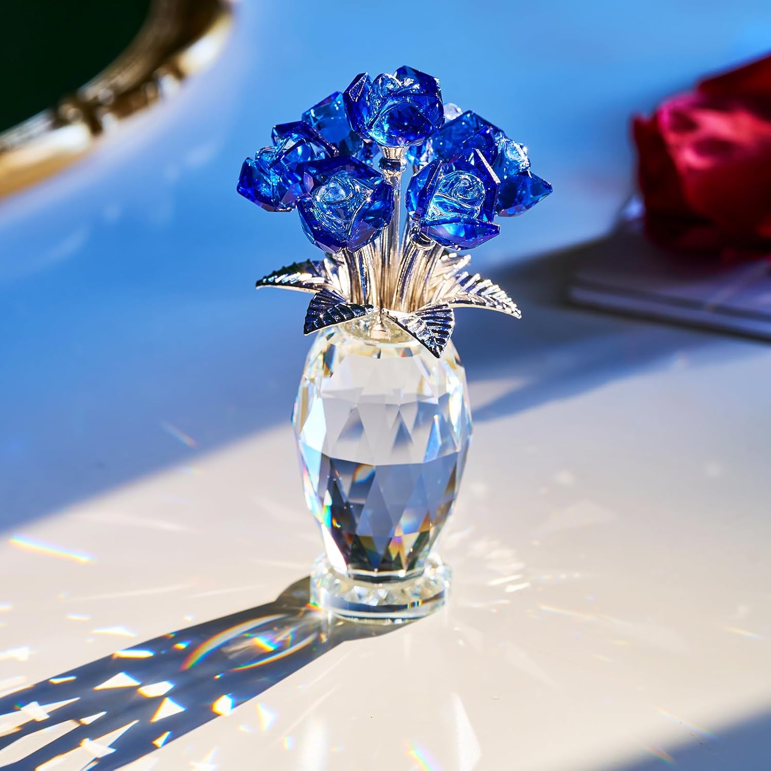 Crystal Blue Rose Flower Paperweight Decoration,Glass Christmas Birthday Gifts Flowers for Women Girlfriend Girl Wife, Bouquet Collectible for Valentine's Day Wedding Anniversary (Blue Rose) - Image 3