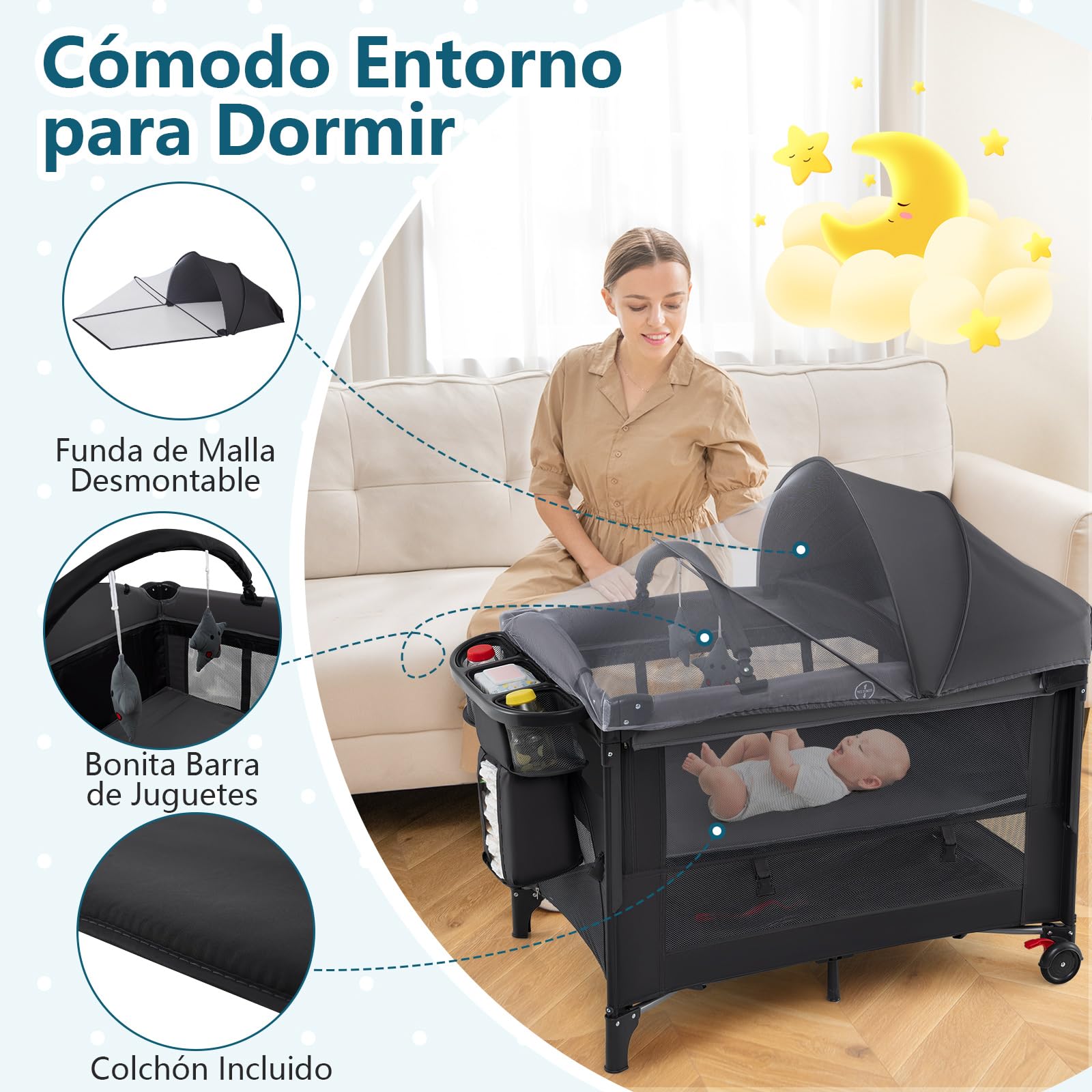 COSTWAY Cuna de Viaje Plegable con Cambiador, Moisés Portátil para Bebés, Cuna de Colecho con 4 Alturas Ajustables, Colchón, Dosel con Mosquitera, Almacenaje, Barra de Juguetes y Bolsa