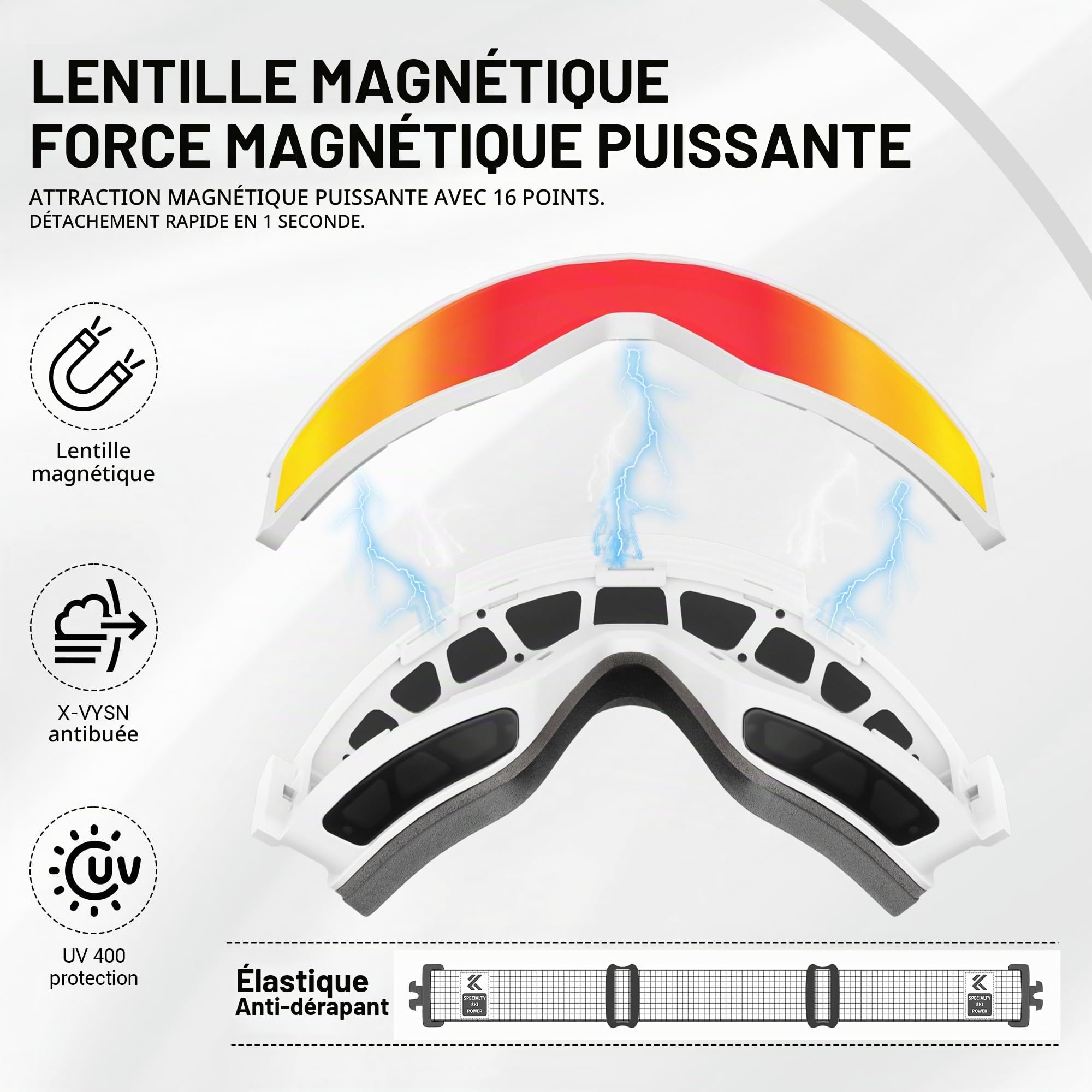 KAPVOE Lunettes de Ski avec Lentilles Photocromatiques, Lentilles Magnétiques, Antibuée pour Homme, Femme Adolescents