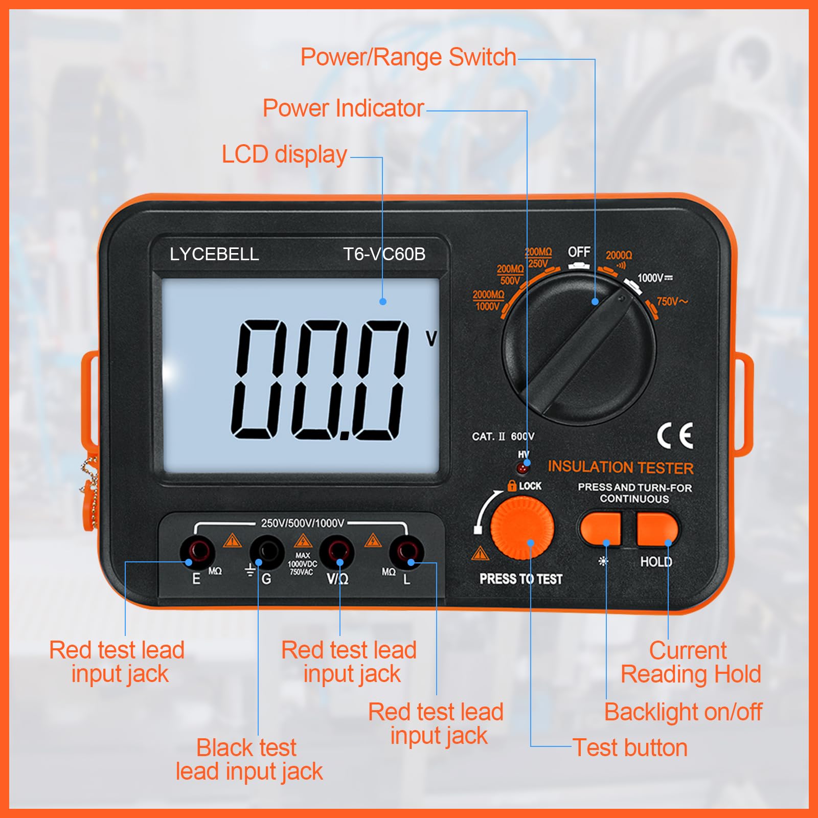 Testeur de Résistance D'isolement Numérique LC-VC60B 0,1~2000 MΩ Mégohmmètre, DC 250V/500V/1000V AC 750V avec d'alerte haute tension, écran LCD Rétroéclairé et Fils de Test et Clips de Test