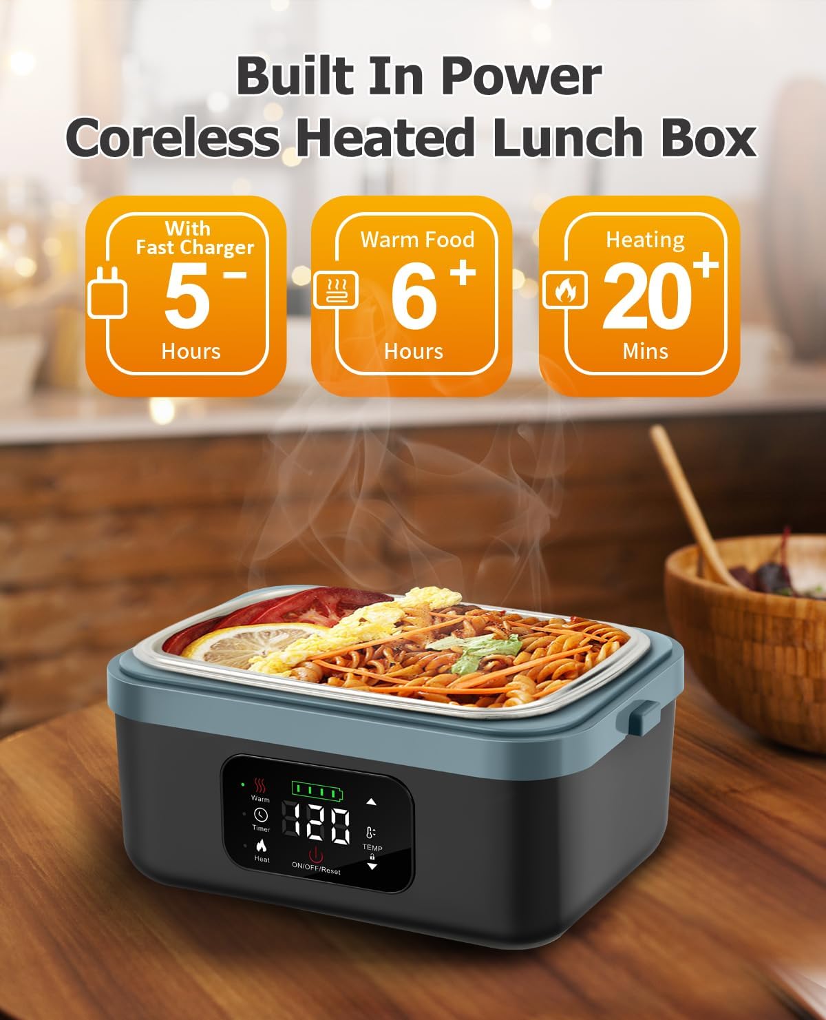 Electric Lunch Box For Adults(Men & Women),Heated Lunch Box Battery Powered With USB Charge port,Self Heating Coreless,Portable Food Warmer For meals on the go(1L Black) - Image 4
