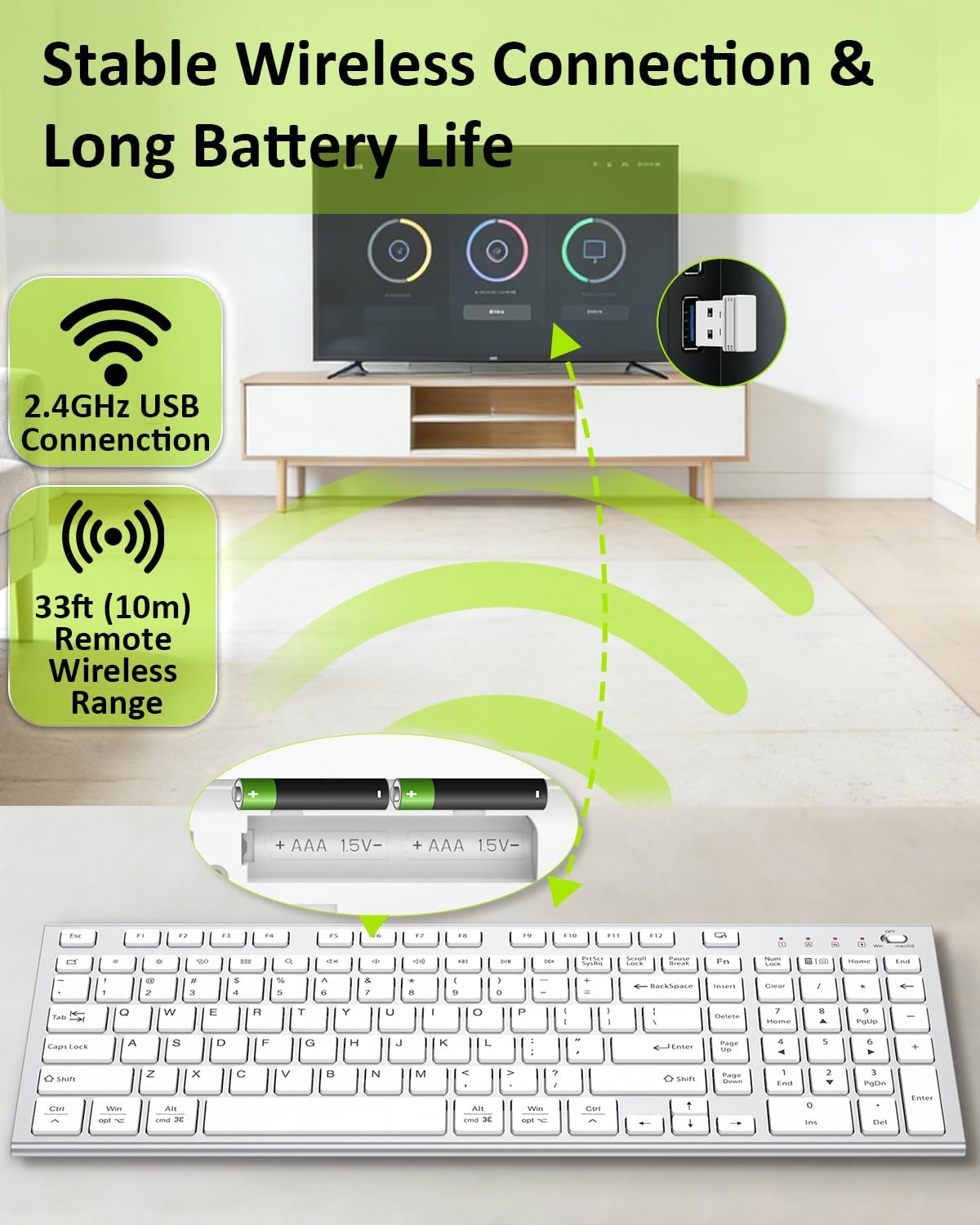 FENIFOX Wireless Silent Keyboard, Ultra Quiet USB C Low Profile Compact Full Size with Number Pad Flat Slim Thin Soft Touch for Mac Computer MacBook iMac PC Laptop Desktop Office (White and Silver)