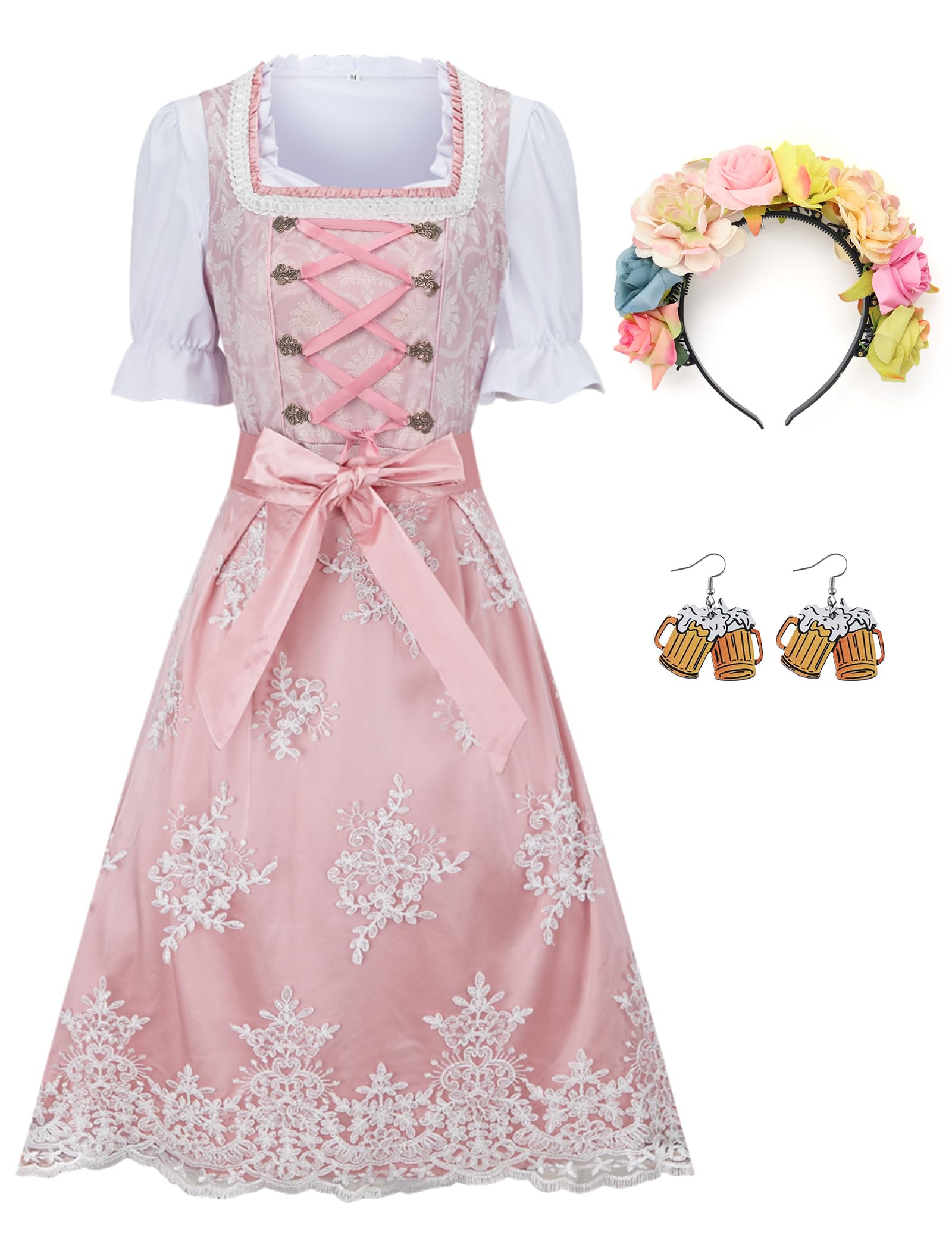 Ezuwail Dirndl Damen 5-Teilig Günstig Dirndl-komplettsets Große Größen Rosa Midi Dirndlkleid Outfit Billig Oktoberfest Dirndel Kleidung für Frauen Dirndelkleider Kostüm