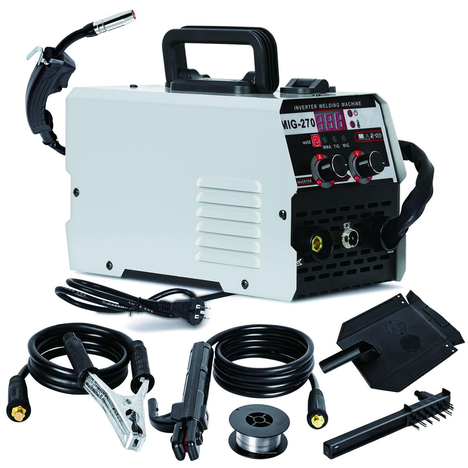 Soldador MIG 3-en-1 Portátil – 250A MIG Sin Gas, ARC MMA & LIFT TIG Inverter con Display LED, Soporte Spool Gun, Para Trabajos en Acero y Reparaciones Caseras Grey