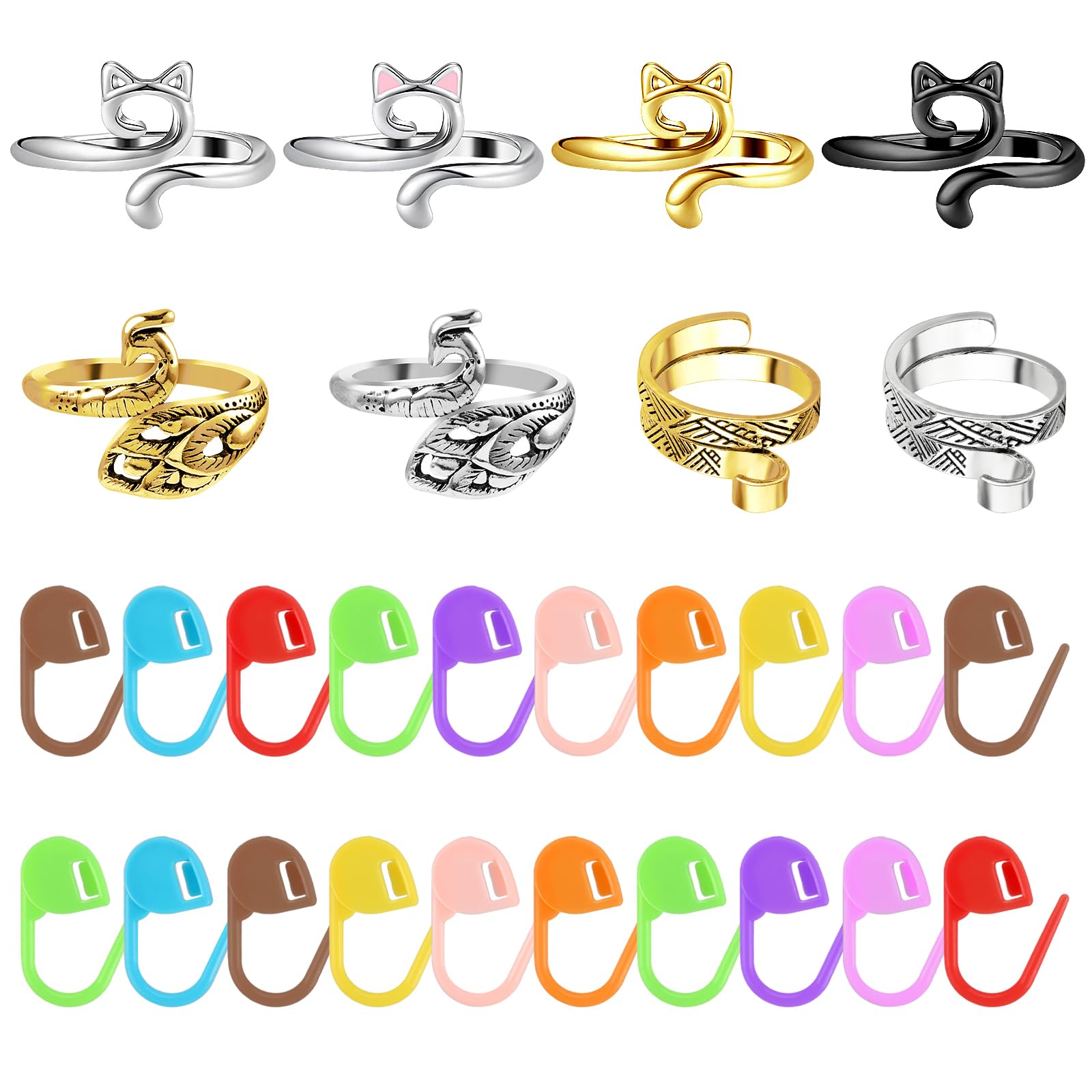 Guide Fil Réglable 8 Bagues Guide-Fil Pour Crochet Forme Chat - Accessoire Tricot, Réglables, Multicolores Bague Crochet