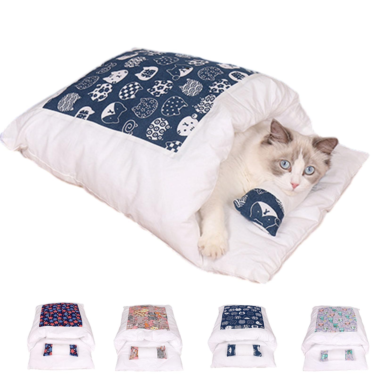 Orthopädischer Katzenschlafsack, weich und warm, abnehmbares und waschbares Katzenkissen, Haustierbett mit Sicherheitsgefühl, blaues Katzenmuster, Größe XL, bis 10 kg