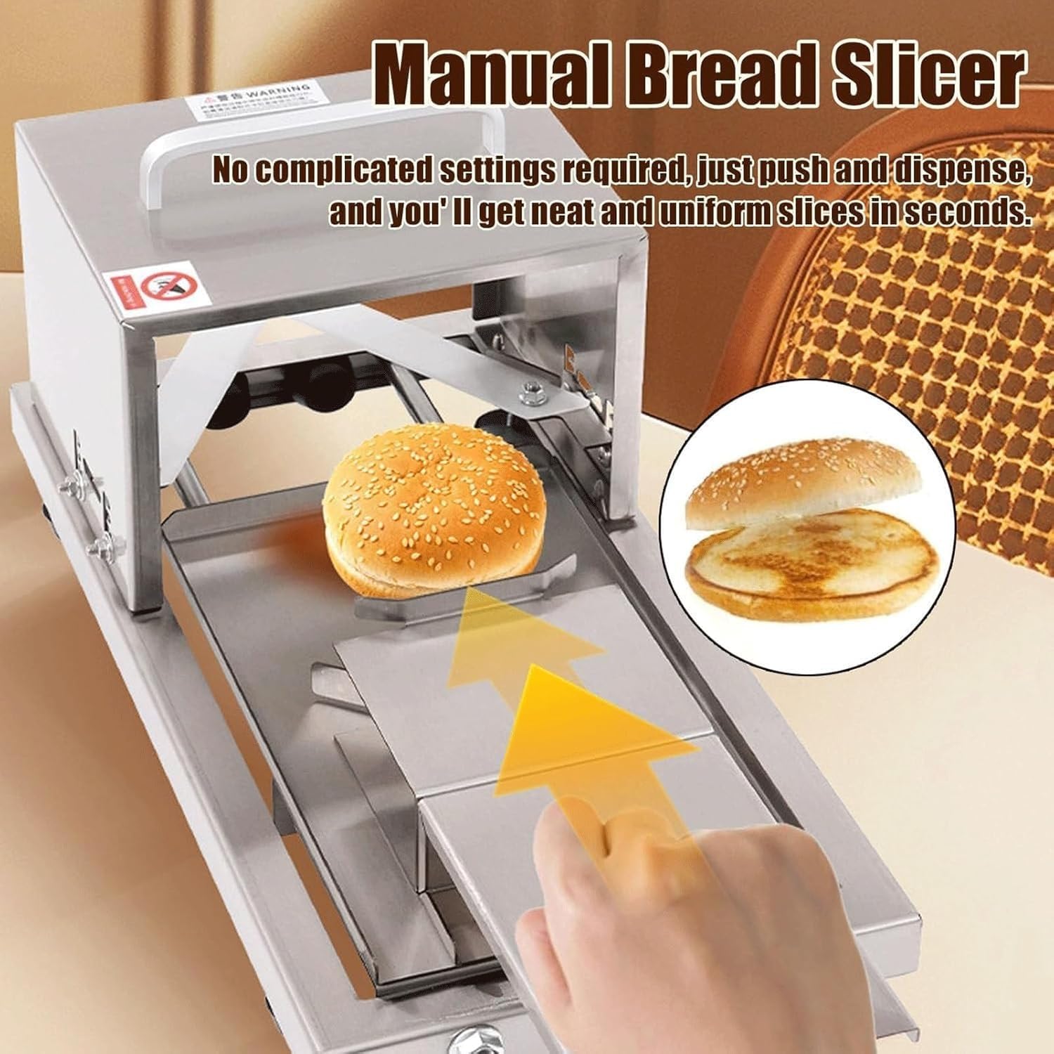 Bagelschneider, Gewerbe-Bagelschneider, Schneidet gleichmäßige Brotscheiben, Brötchen und Hamburger. Kleiner manueller Brotschneider aus Edelstahl für die Küche, inklusive einer Ersatzklinge