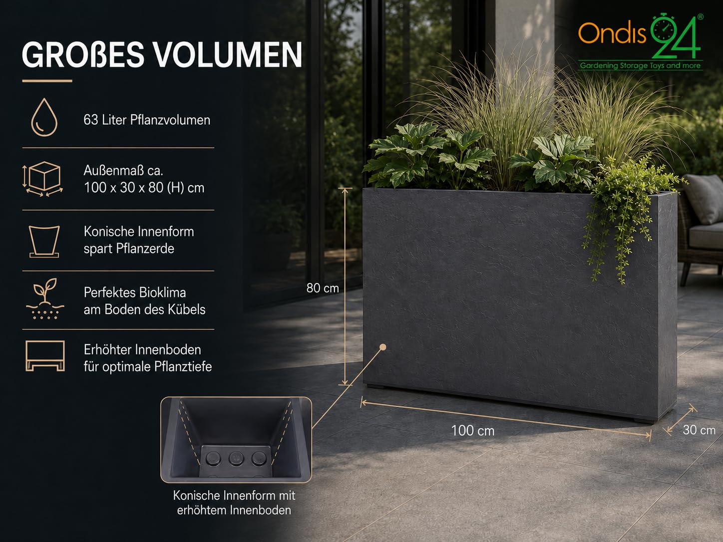 Ondis24 Pflanzkübel Vulkan LOFT, Blumenkübel rechteckig, Blumentopf Wasserspeicher, Schiefer Gestein Optik, Winterfest (63 Liter, Anthrazit)