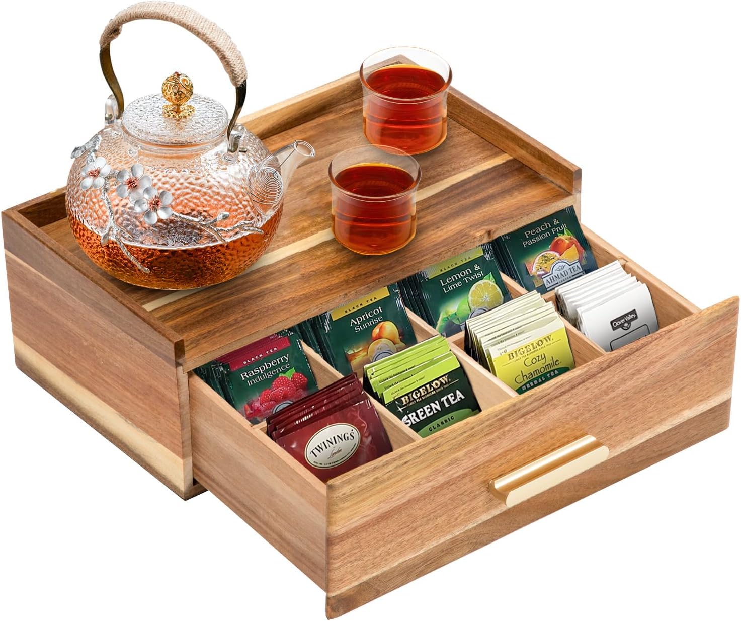Tea Bag Organizer, Wood Tea Organizers and Storage Box, Tea Bag Holder Station Caddy Container for Countertop, Tea Accessories Gift Box with Drawer