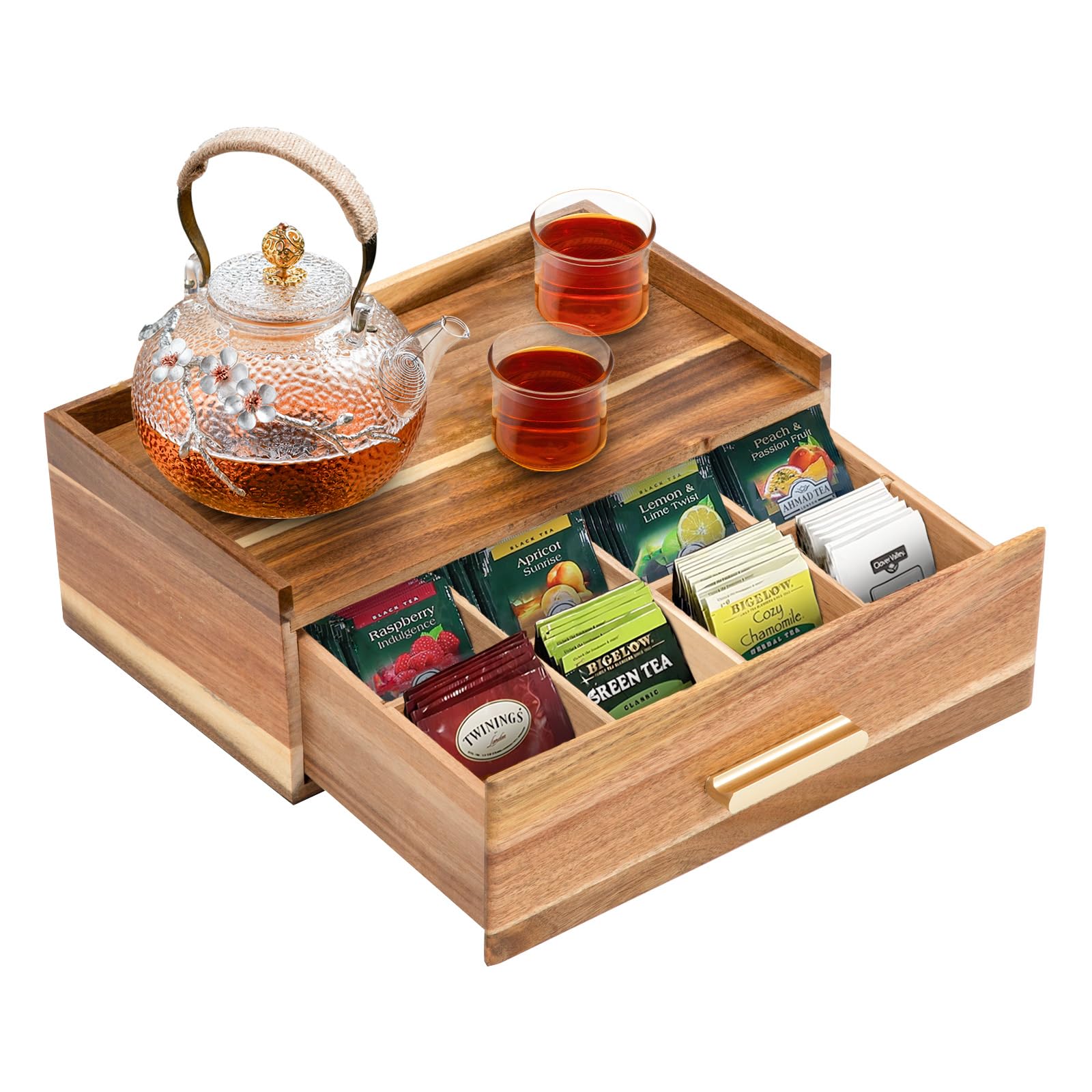 Tea Bag Organizer, Wood Tea Organizers and Storage Box, Tea Bag Holder Station Caddy Container for Countertop, Tea Accessories Gift Box with Drawer