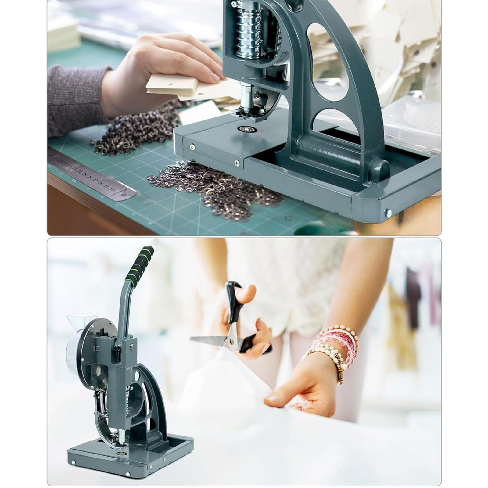 Máquina de fijación semiautomática de ojales para pancartas, toldos, carteles, incluye 1000 ojales en 5 tamaños: 5,5 mm, 6 mm, 8 mm, 10 mm, 12 mm, herramienta de hebilla de anillo de metal