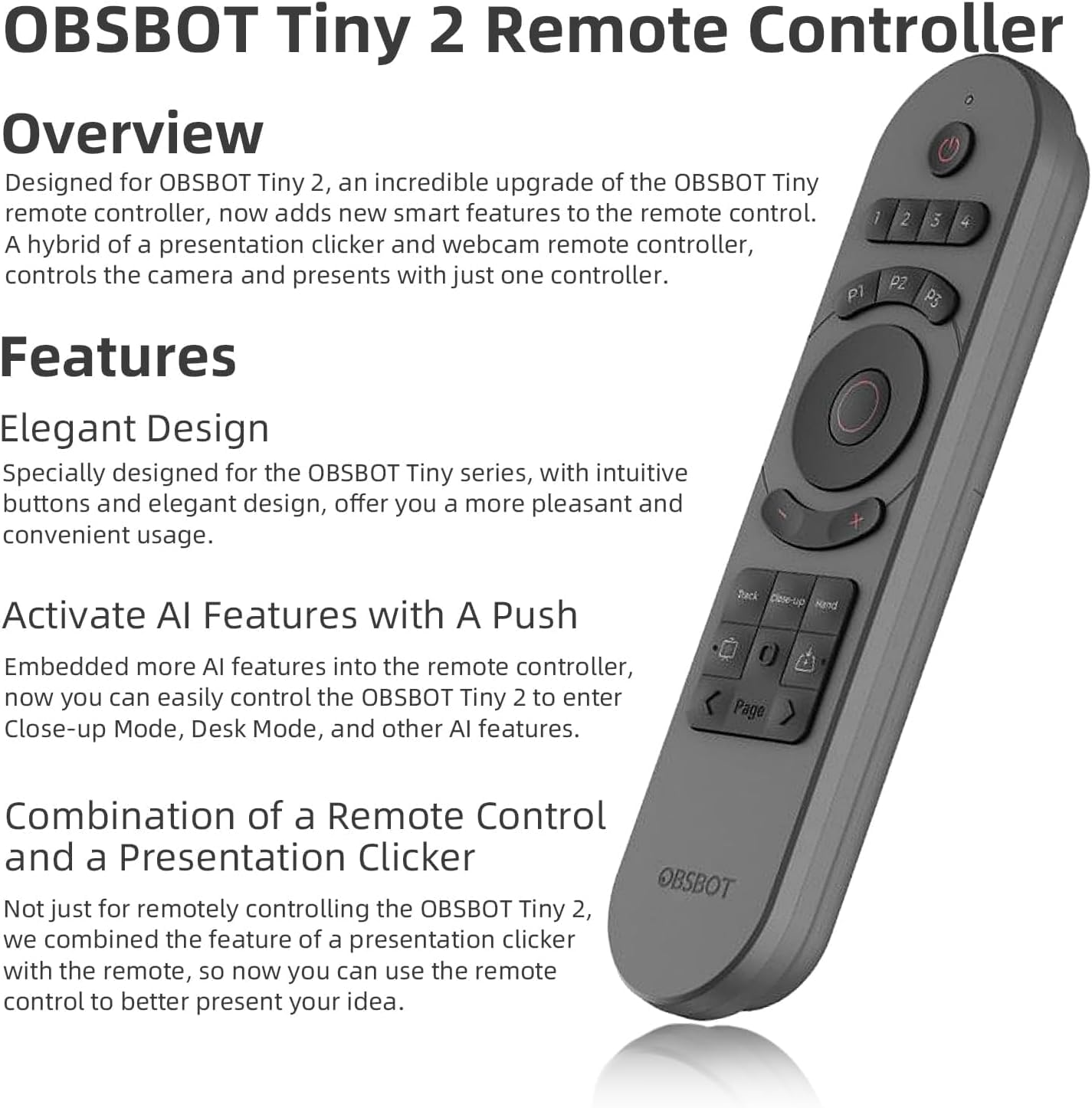 OBSBOT Tiny Télécommande pour webcams Tiny 3, Tiny 2, Tiny SE – Connexion sans Fil USB, 2 en 1