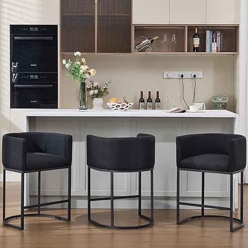 Vista 13 de Gold Taburetes de Bar Juego de 3, 25" H Taburetes de Bar de Altura de Mostrador Modernos con Respaldo, Taburete de Bar Tapizado en Tela de Lino