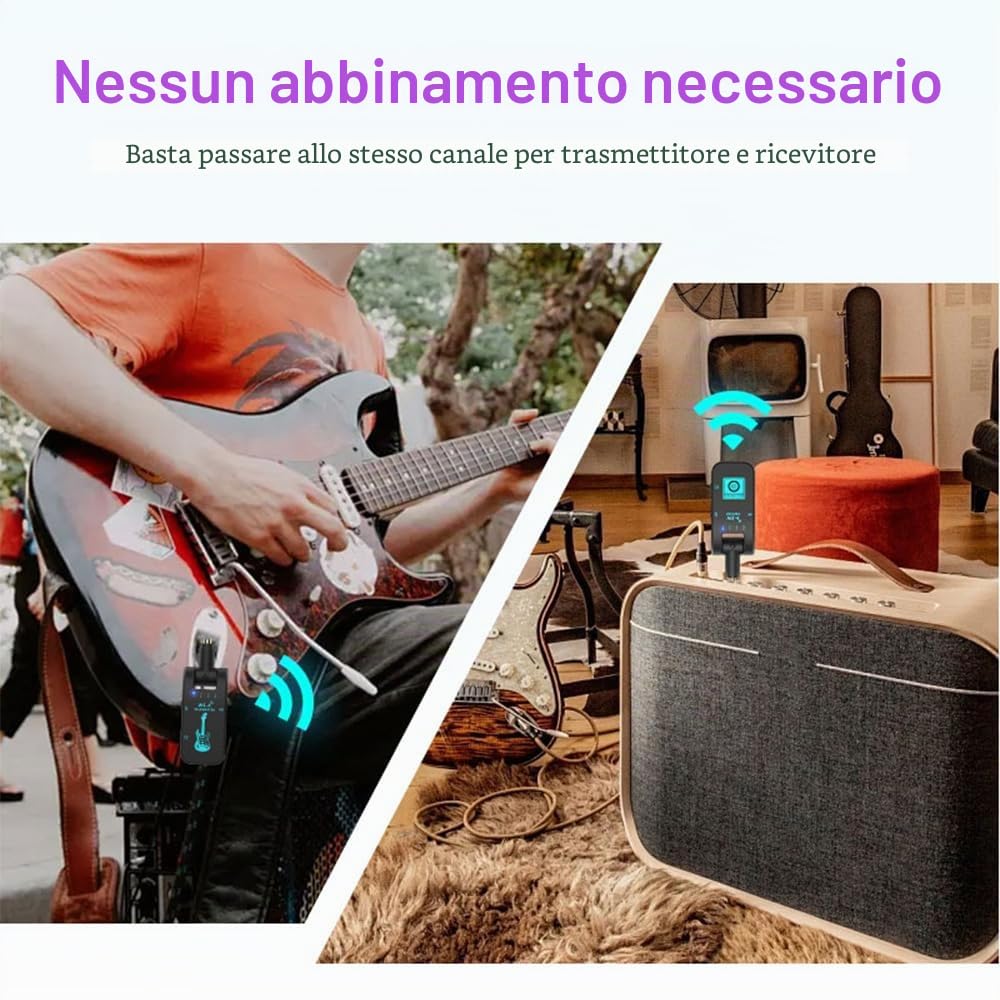 Kavolet di chitarra wireless 2,4 G, trasmettitore e ricevitore ricaricabili, con 10 ore di durata della batteria, Plug and Play, trasmissione in tempo reale 48 K/16 bit, spina girevole a 282