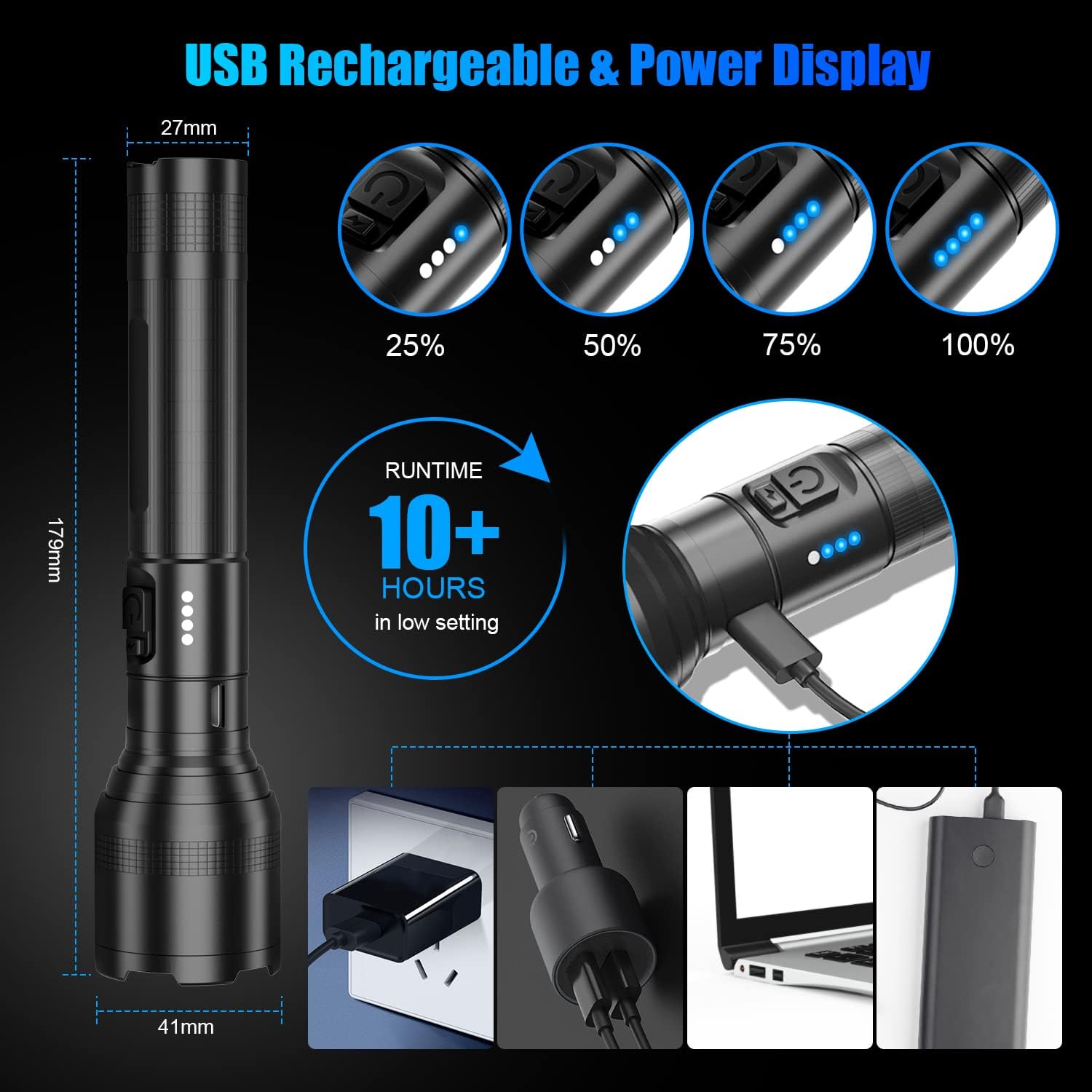 Rechargeable Flashlight High Lumens, XHP50 Super Bright LED Flashlights 3500Lumen Zoomable, 5 Modes Waterproof Tactical Flashlights for Emergency Camping Home Outdoor : Tools & Home Improvement