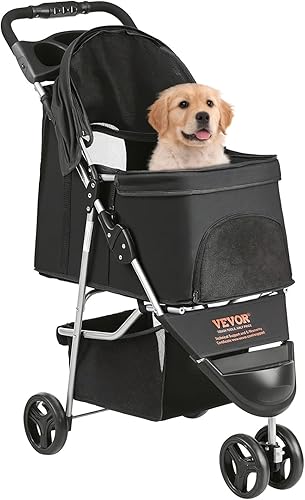 Miniatura 12 de VEVOR Carriola para mascotas, capacidad de peso de 35 libras, carrito de perro plegable, carritos para gatos de 3 ruedas con ventanas de malla y