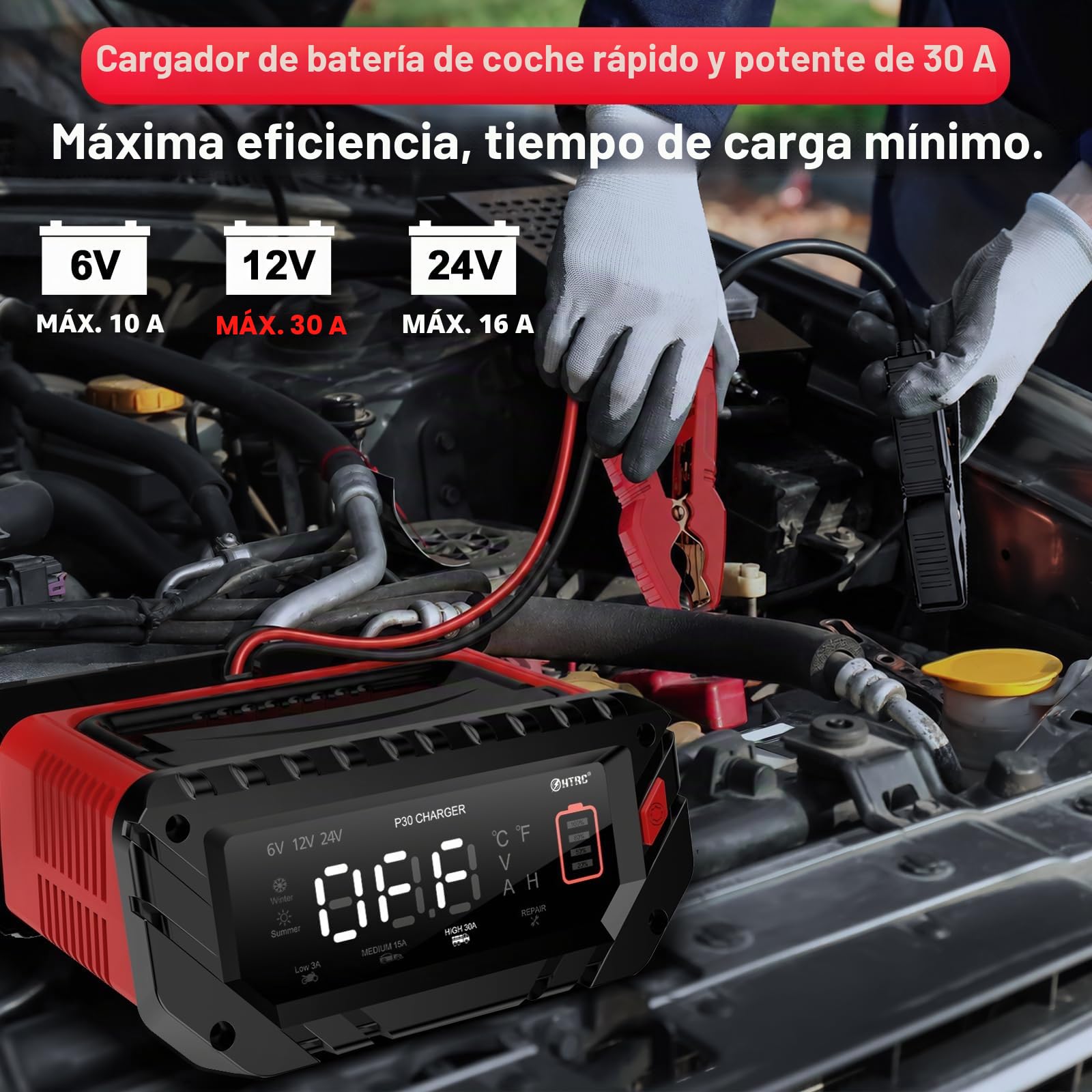 HTRC Cargador de batería de coche de 30 A, 6 V/12 V/24 V, mantenedor de batería, cargador de goteo y desulfatador de batería con pantalla LCD para barco, SUV, motocicleta, litio LiFePO4 y plomo-ácido