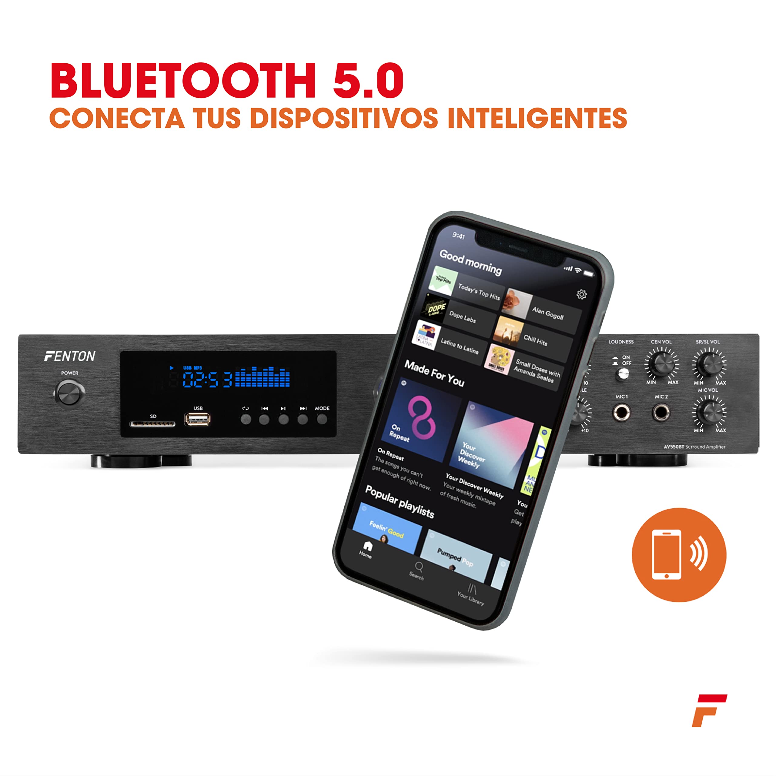 Fenton AV550BT Amplificador 5.1 Bluetooth USB FM 320W | Amplificador Surround 5.1 con Bluetooth, radio FM y reproductor MP3, para cine en casa y música