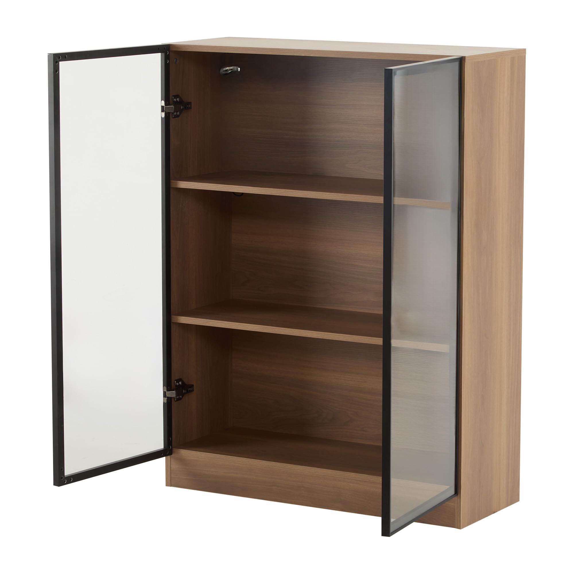 REXO Vitrina de cristal de 32 × 106 × 80 cm con iluminación y estantes de 3 niveles, armario multifunción de cristal de madera de nogal natural, ideal como vitrina de coleccionista.