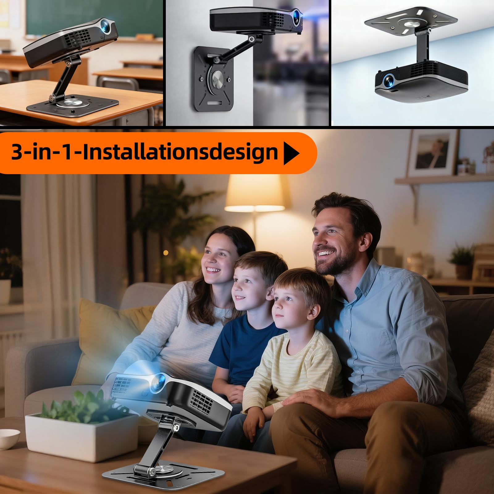 Supporto per proiettore con rotazione di 360° e inclinazione di 225° – Supporto pieghevole da tavolo/parete/soffitto | Compatibile con la maggior parte dei proiettori | Per casa, ufficio