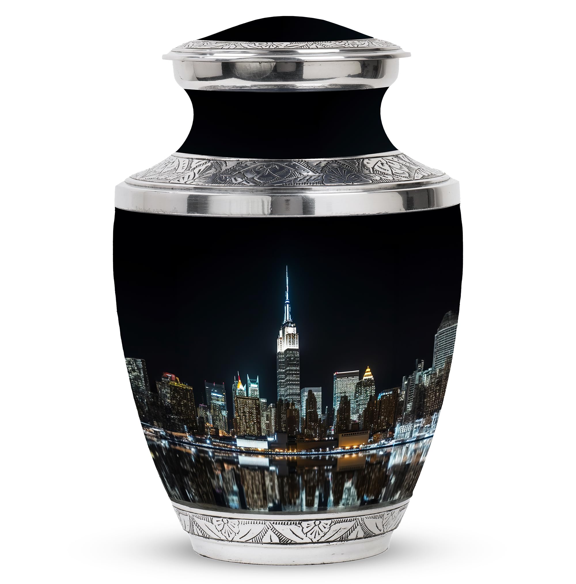 SUBSH New York City Light Night View - Human Urns for Ashes - Large, Black, Metal, City Skyline Pattern - 10 Inch - Funeral Urns