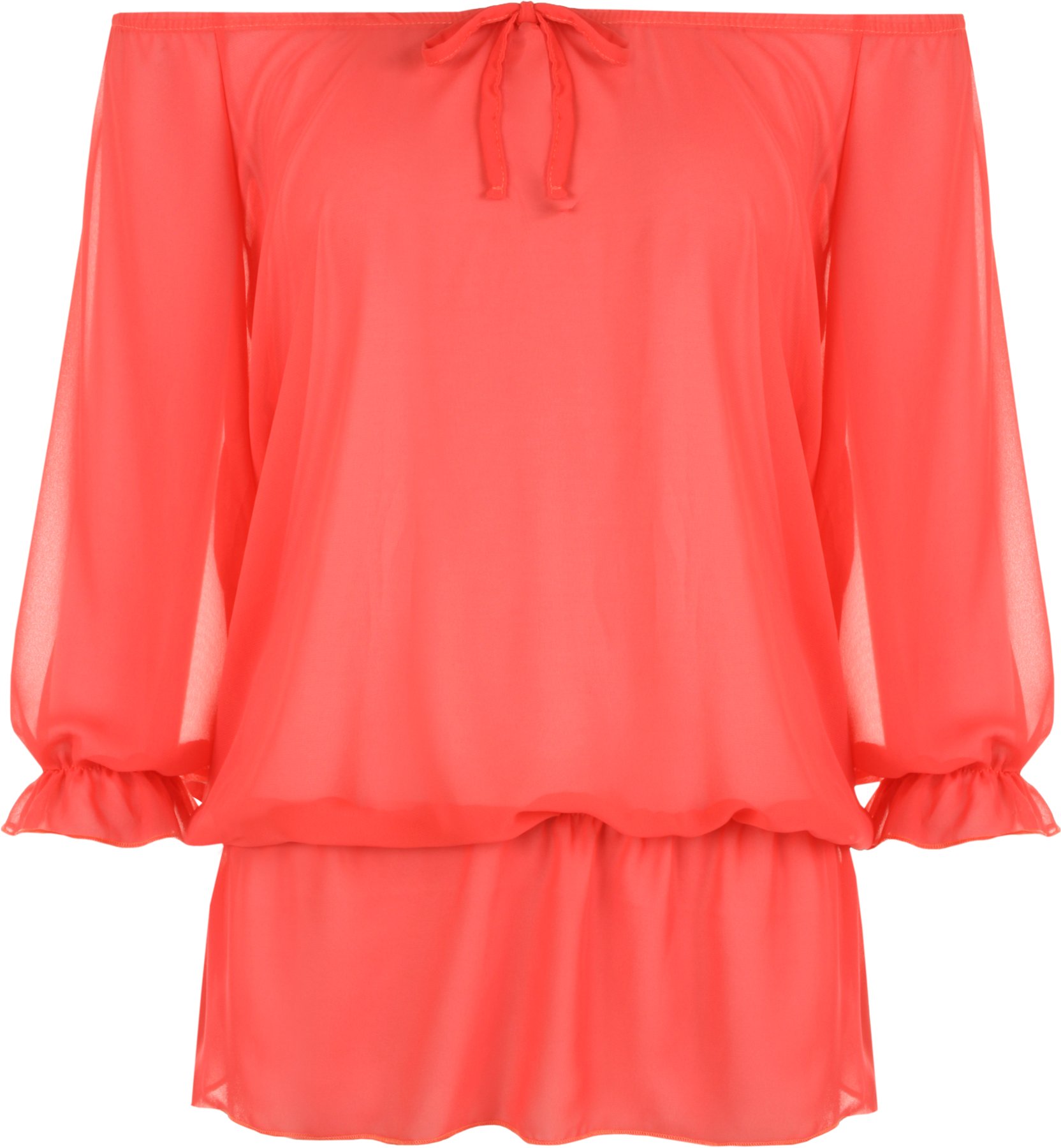 WearAll Women's Chiffon Gypsy Boho Sheer 3/4 Sleeve Off Shoulder Top - Coral - 18