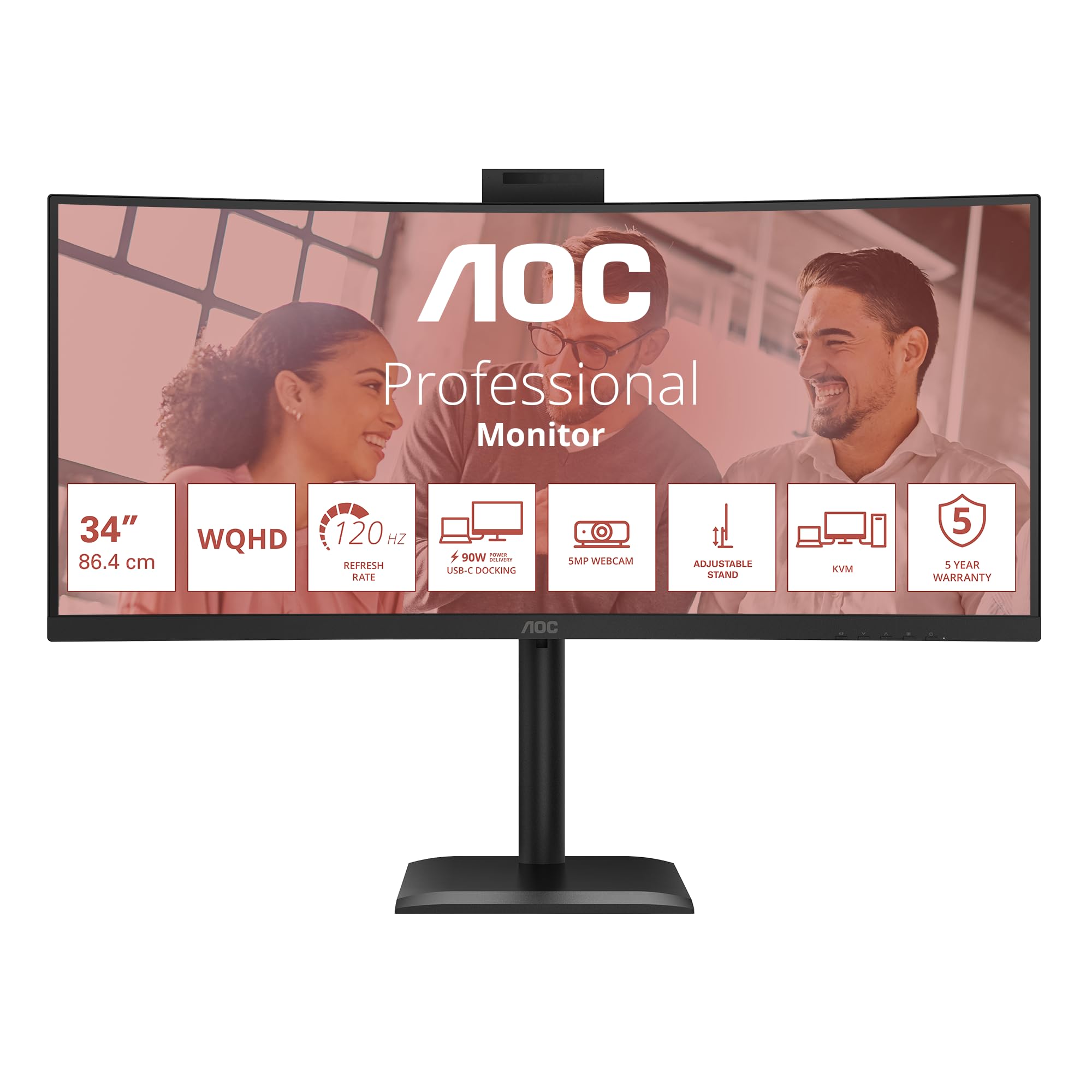 AOC Moniteur Incurvé, CU34E4CW 34 Pouce 120Hz VA Dalle, 4ms GtG, HDR Ready/HDR10, Ajustable en Hauteur, Webcam, Haut-parleurs, USB Hub(3440x1440 HDMI 2X 2.1 TMDS DP 1x 1.4) Noir