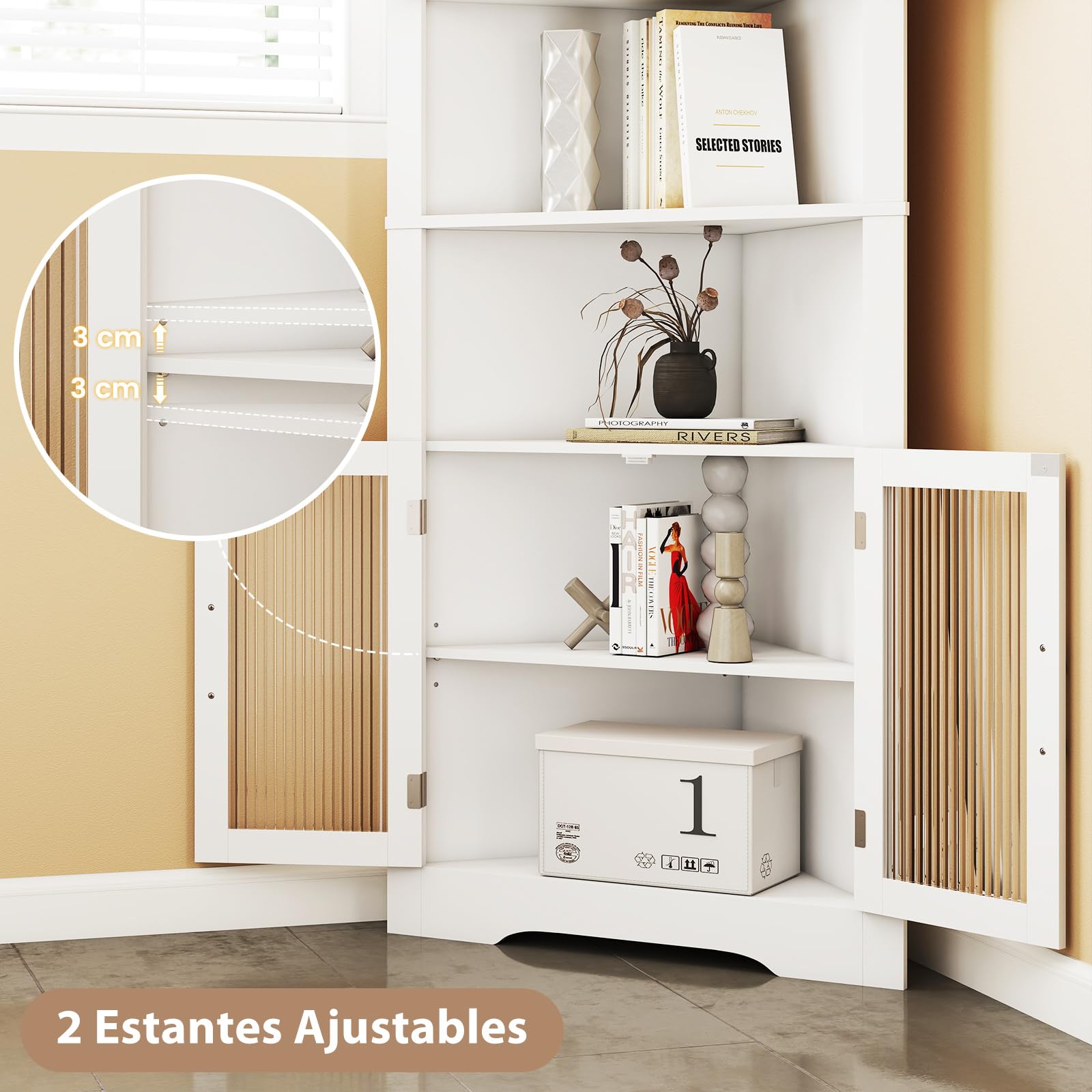 COSTWAY Armario Esquinero Alto de Baño, Mueble de Baño Triangular con 4 Puertas de Vidrio Templado, Estantes Ajustables, Gran Armario Despensa Independiente para Cocina Comedor (Blanco)