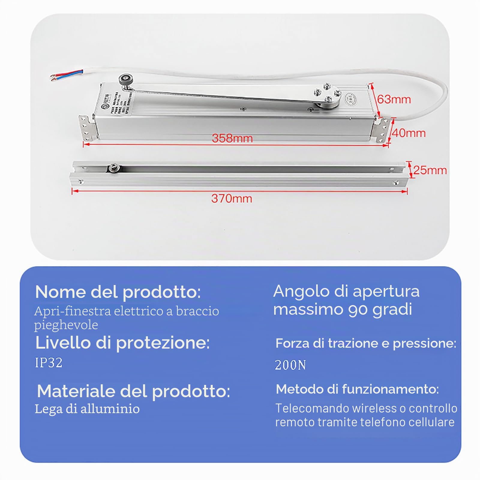 Apriporta Elettrico Automatico, Apriporta con Braccio Oscillante Articolato, Driver per Finestra Verso L'esterno, Apertura Verso L'interno, Chiusura/Apertura della Finestra con Telecomando 2PCS