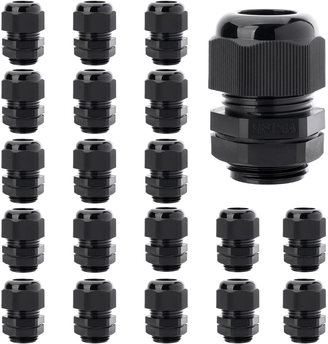 PIONFYNES 20PCS 3/4'' NPT Cable Gland Waterproof Adjustable 13-18mm/0.51-0.71inches Nylon Cable Glands Joints with Gaskets (3/4", 20PCS)