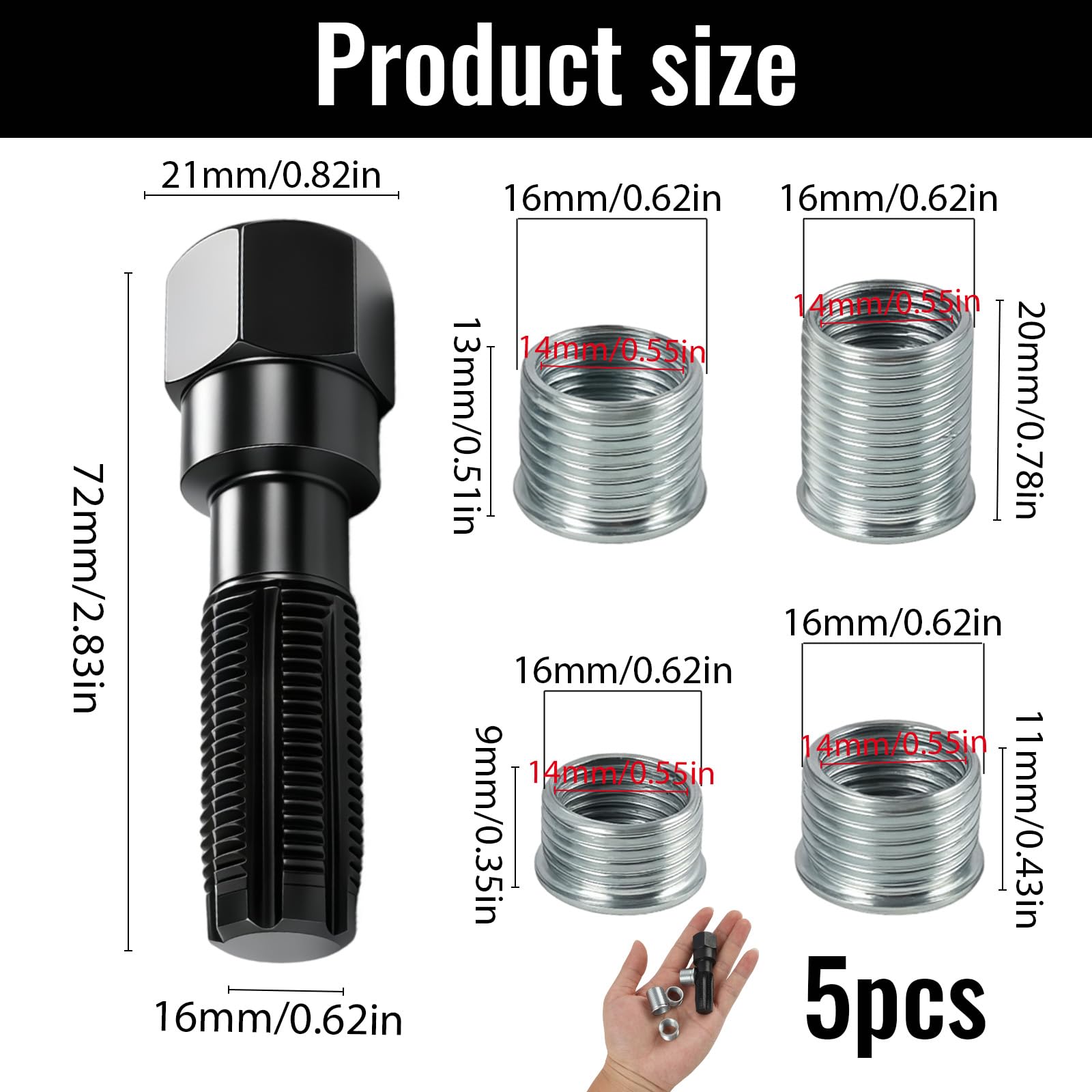 5 PCS Set di riparazione, filettatura di candele di accensione, kit di riflessatura, in acciaio al vanadio cromato, filettatura M14 X 1,25, con 4 inserti, per riflessione di culasse e manutenzione aut
