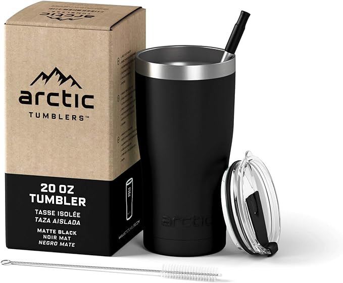 Arctic Tumblers | 20 oz Matte Black Insulated Tumbler with Straw & Cleaner - Retains Temperature up to 24hrs - Non-Spill Splash Proof Lid, Double Wall Vacuum Technology, BPA Free & Built to Last