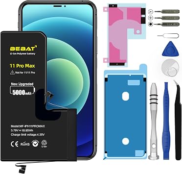 استبدال بطارية iPhone 11 Pro Max ، بطارية استبدال بوليمر ليثيوم أيون عالية السعة 5000mAh للطراز A2218 A2161 A2220 مع مجموعات أدوات الإصلاح الاحترافية