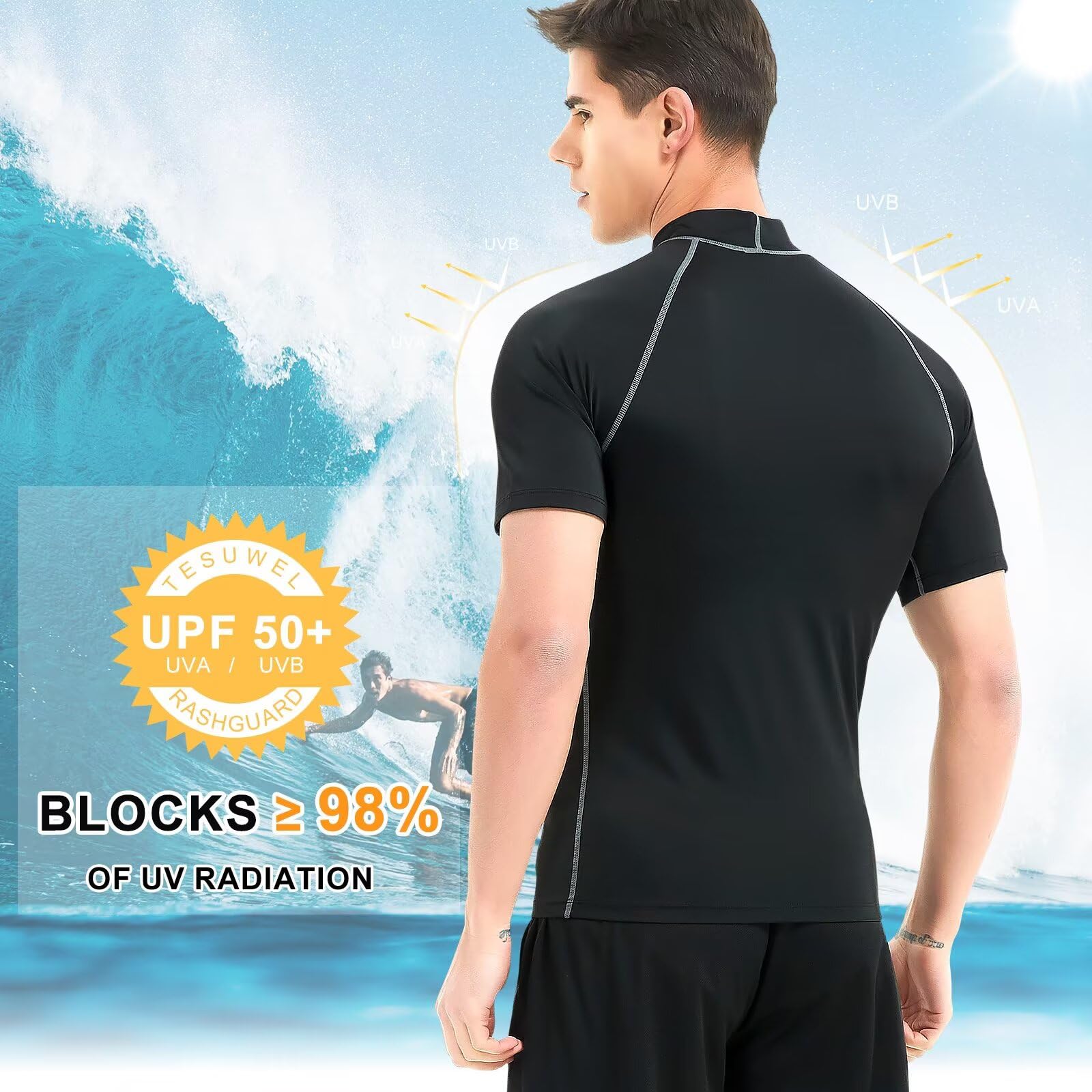 Camisetas de natación de manga corta con protección UV UPF 50+ para hombre, de secado rápido, para surf, antirozaduras