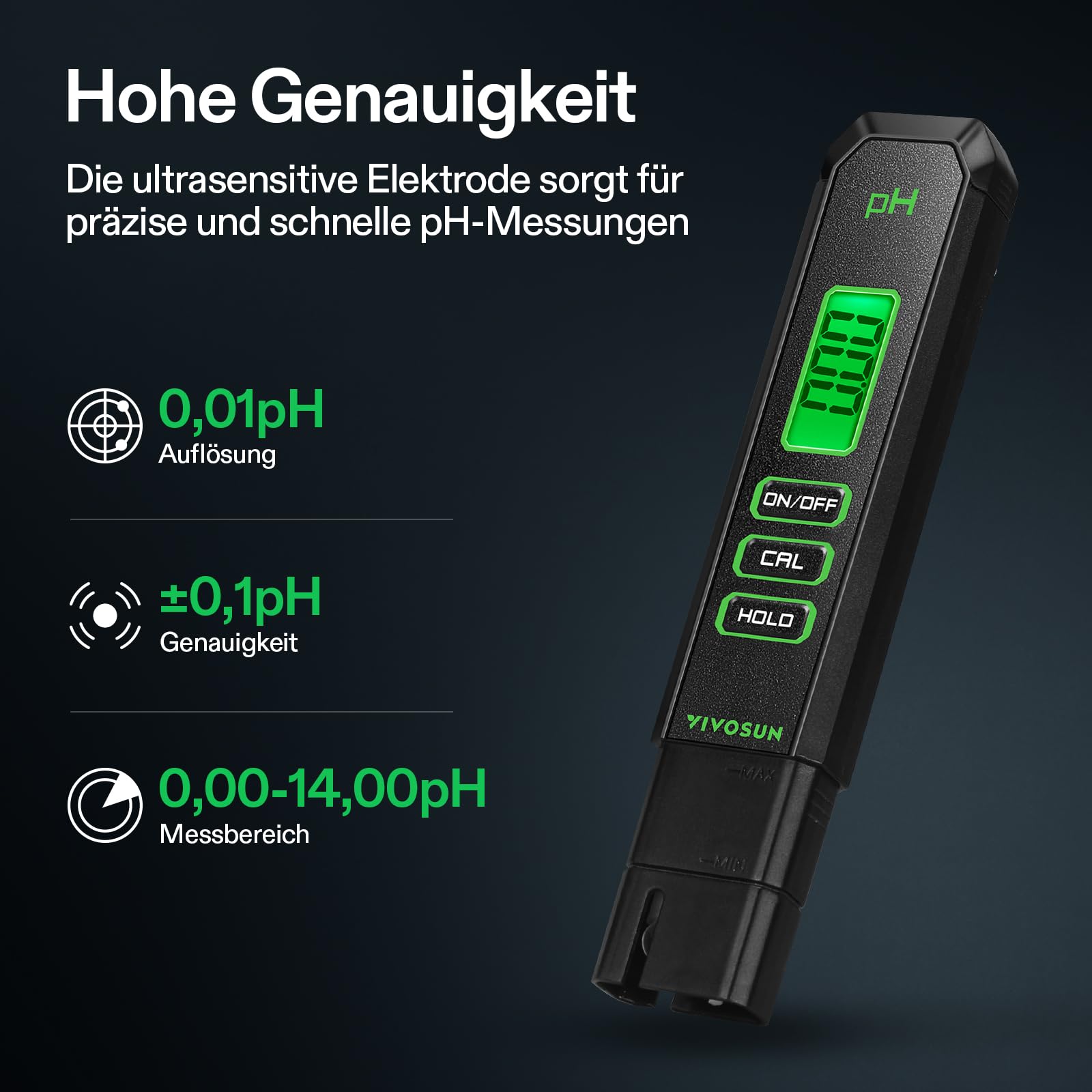 VIVOSUN Digitales pH-Messgerät, 0,01 pH Hohe Genauigkeit, Pen-Tester für Hydroponik, Trinkwasser, Pool & Aquarium, Schnelles & Zuverlässiges Prüfgerät, Schwarz, UL-zertifiziert