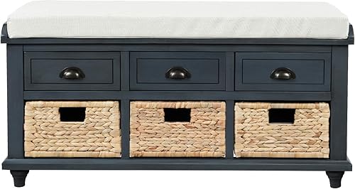 Miniatura 21 de SOFTSEA - Banco organizador de almacenamiento con 3 cajones, 3 canastas de ratán y cojín extraíble, para entrada, pasillo, sala de estar (negro)